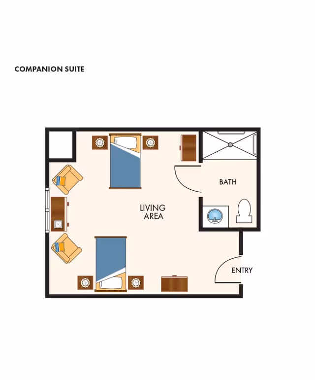 Floor plan diagram of a companion suite with two beds, a living area, an entry and a bath.