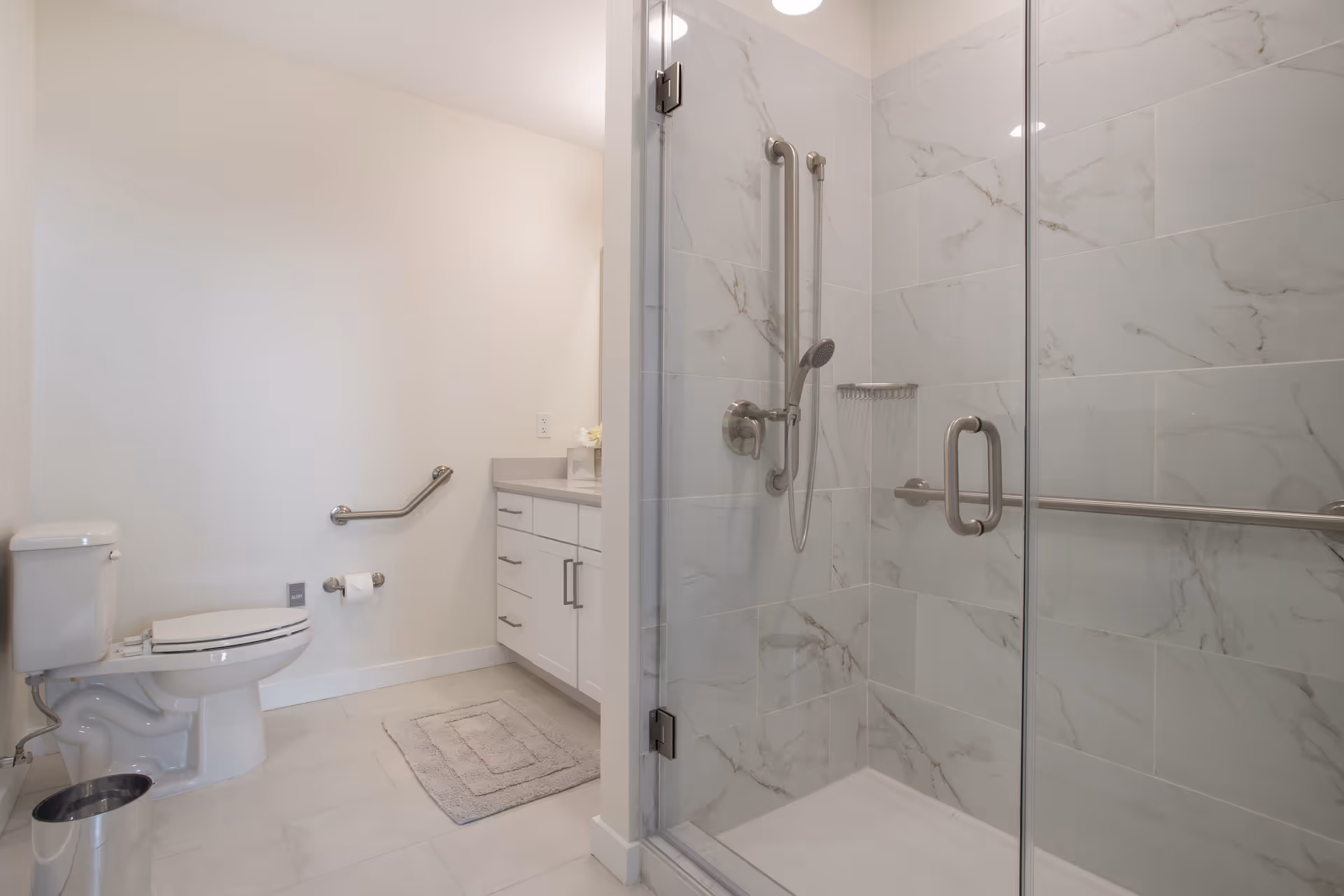 A clean, modern bathroom featuring a white toilet with a grab bar on the wall beside it, a white vanity with drawers and a countertop, and a glass-enclosed shower with marble-patterned tiles and multiple grab bars.