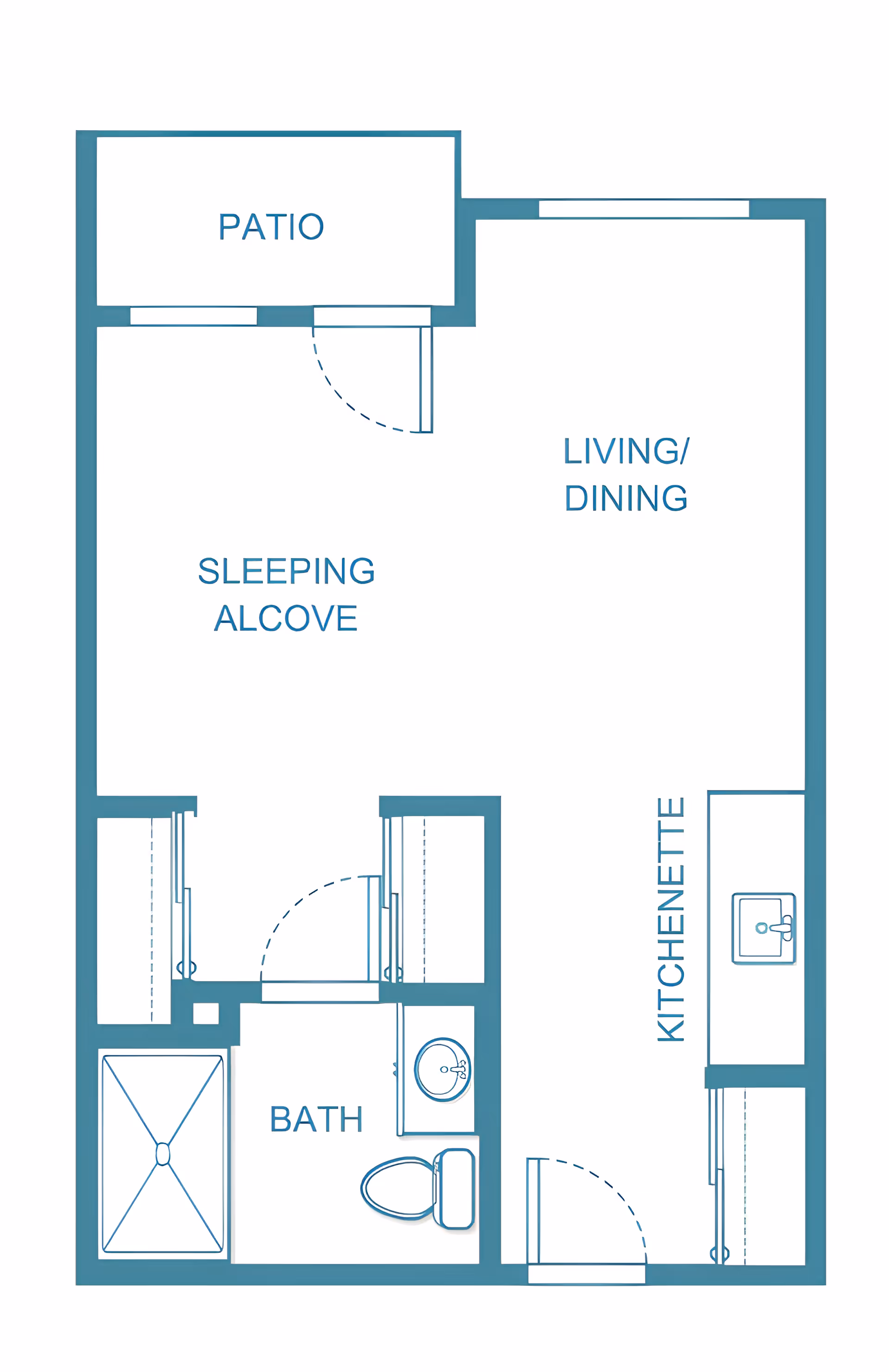 Floor plan of a studio apartment featuring a patio, sleeping alcove, living/dining area, kitchenette, and a bathroom with a shower, toilet, and sink.