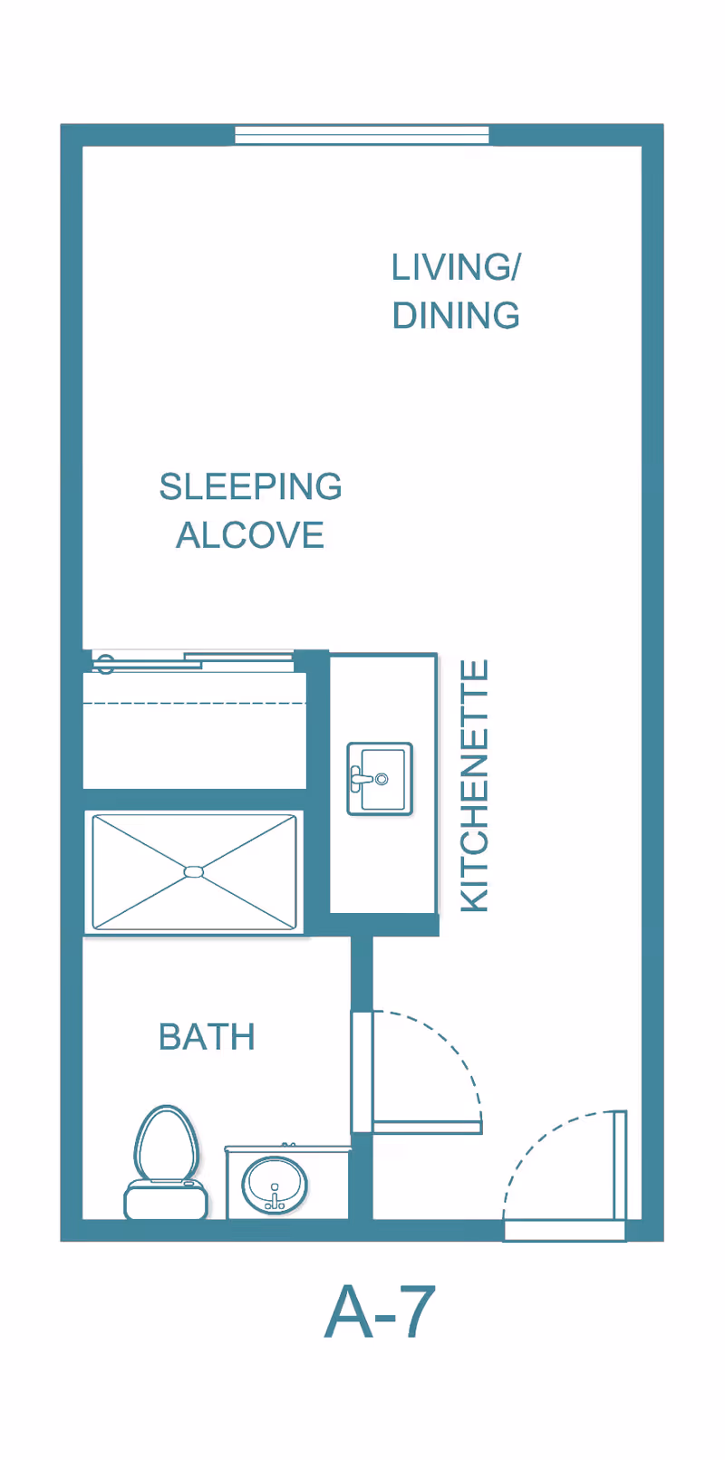 Floor plan layout of a studio apartment labeled A-7 at Holiday Aspen View, showing areas for living/dining, sleeping alcove, kitchenette, and a bathroom with a toilet and sink.