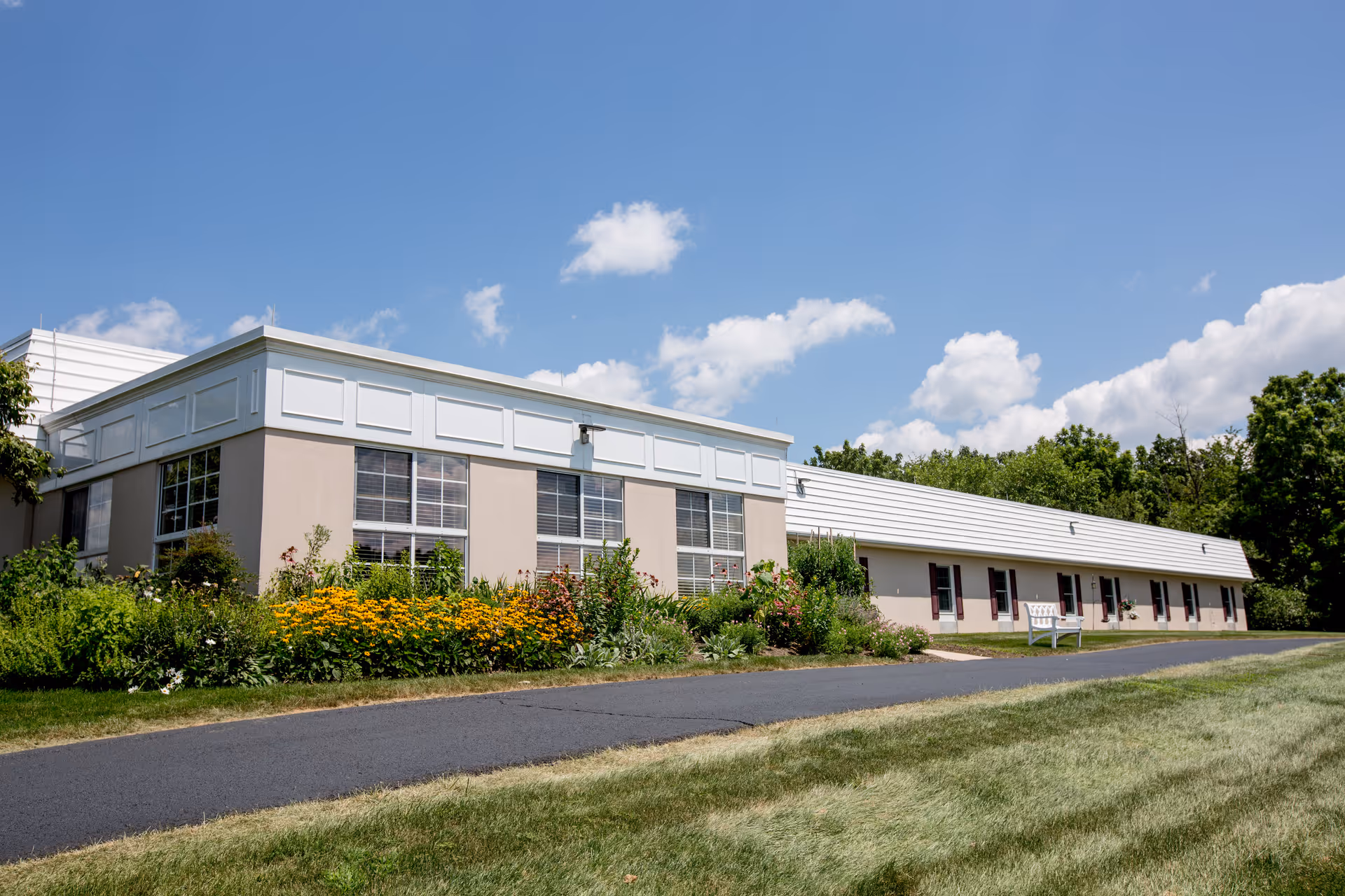 Exterior view of a single-story building with large windows and a garden with yellow flowers in front. The building is surrounded by a paved pathway and green grass under a blue sky with scattered clouds.