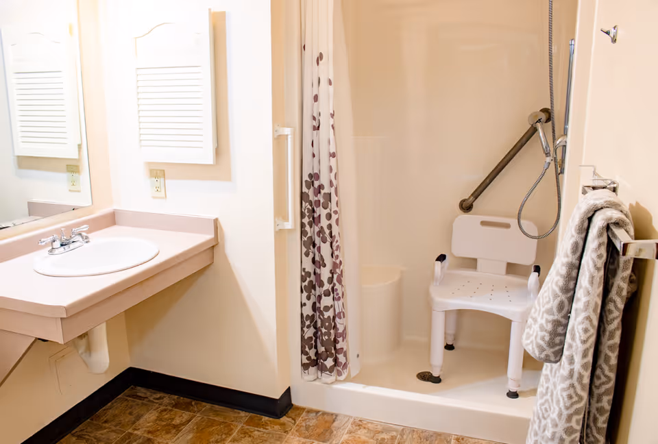 A bathroom with a beige countertop and sink on the left, a large mirror above the sink, and a walk-in shower on the right. The shower has a white plastic shower chair, a grab bar, a handheld showerhead, and a floral-patterned shower curtain. Two patterned towels hang on a towel rack near the shower.