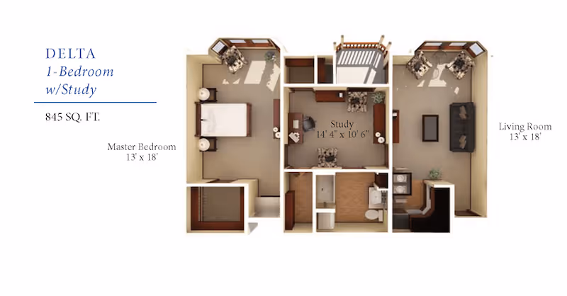 Floor plan of a one-bedroom apartment with a study at Lakestone Terrace Senior Living. The layout includes a master bedroom measuring 13 by 18 feet, a study measuring 14 feet 4 inches by 10 feet 6 inches, and a living room measuring 13 by 18 feet. The plan shows furniture placement and room dimensions.