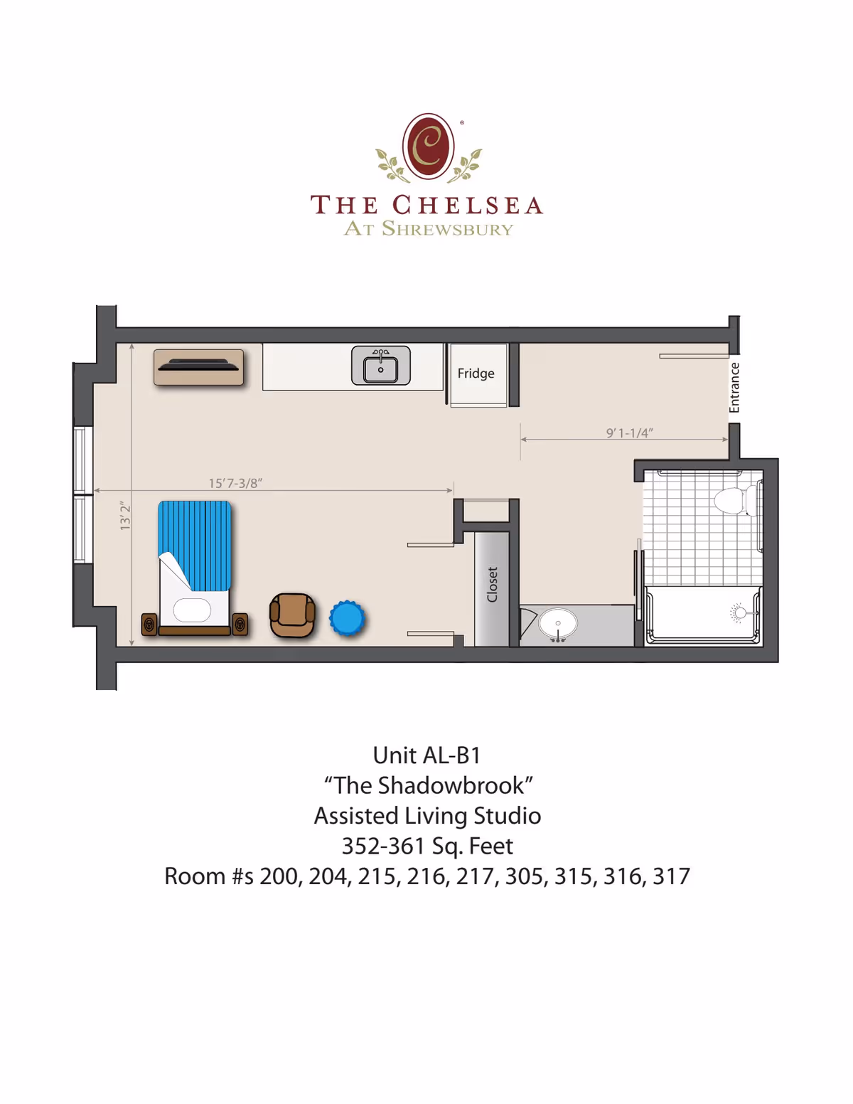 Floor plan of an assisted living studio unit named 'The Shadowbrook' at The Chelsea at Shrewsbury. The layout includes a sleeping area with a bed, nightstands, a chair, and a small table. There is a kitchenette with a sink and fridge, a closet, and a bathroom with a shower, toilet, and sink. Dimensions of the main living area and entrance area are indicated.