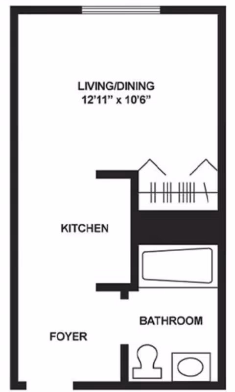 Floor plan layout showing a living/dining area measuring 12 feet 11 inches by 10 feet 6 inches, a kitchen, a foyer, and a bathroom with a bathtub, toilet, and sink.