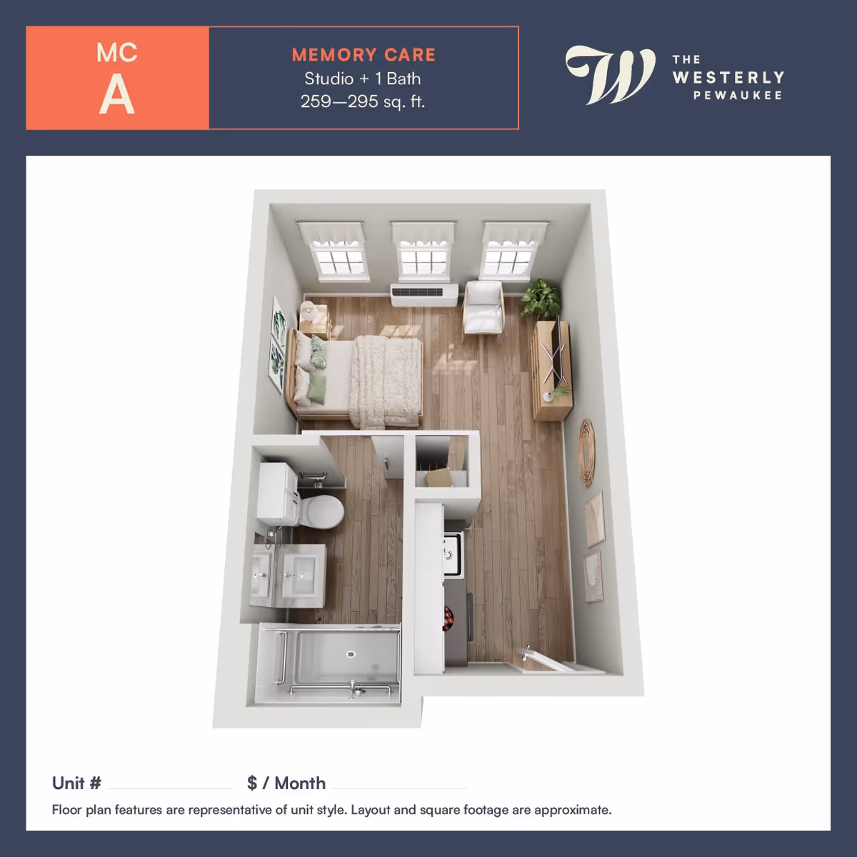 Rendered top-down floor plan of a memory-care studio showing a bed area, kitchenette, bathroom, and living space.