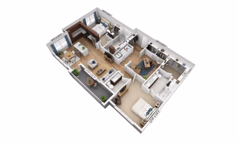 3D floor plan of a residential unit showing two bedrooms, a living room, a kitchen with an island, a dining area, a bathroom, a laundry area, and an office space. The layout includes furniture and measurements for each room.
