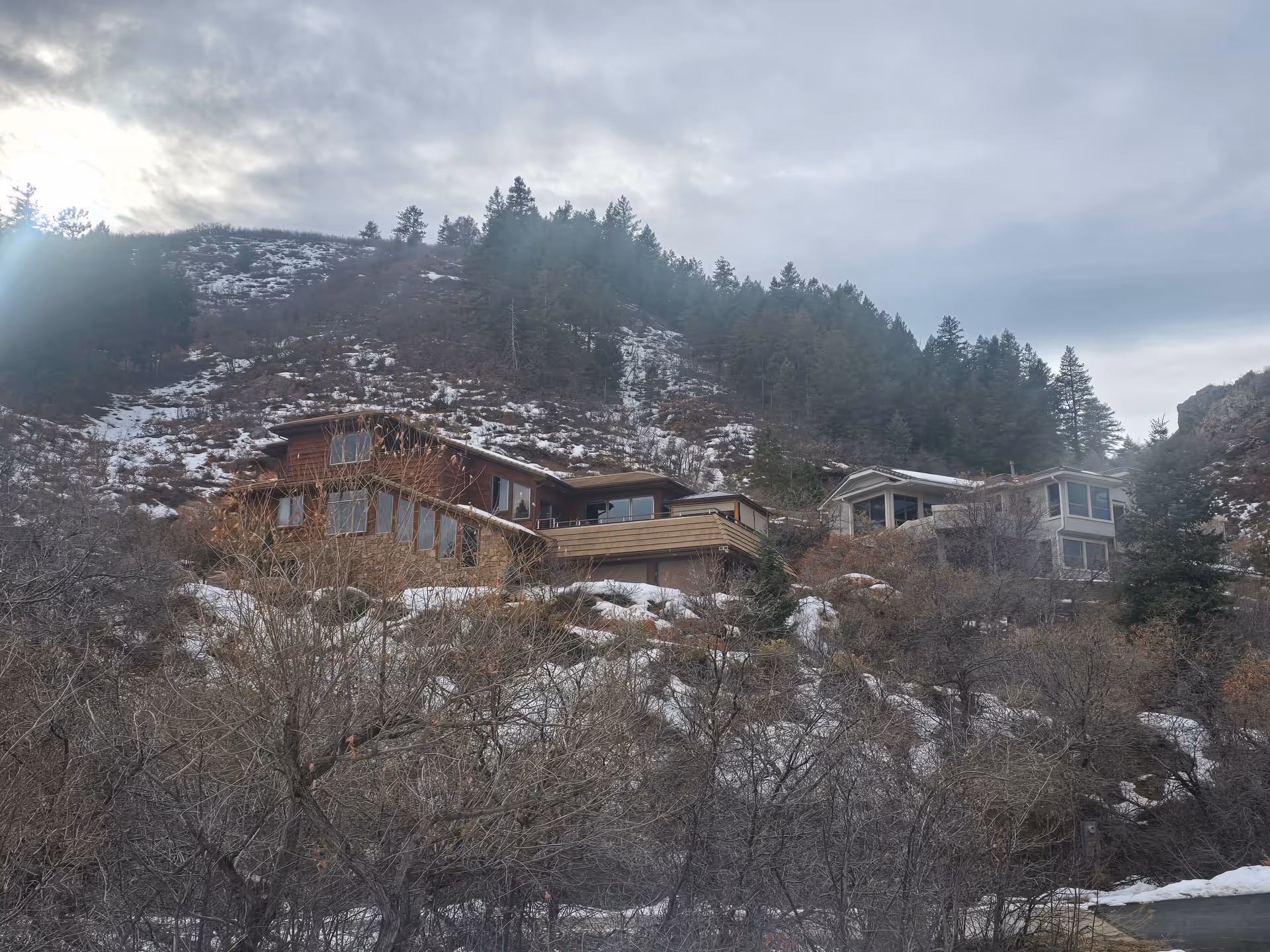 Two houses situated on a snowy hillside with leafless trees in the foreground and pine trees on the hill behind them under a cloudy sky.