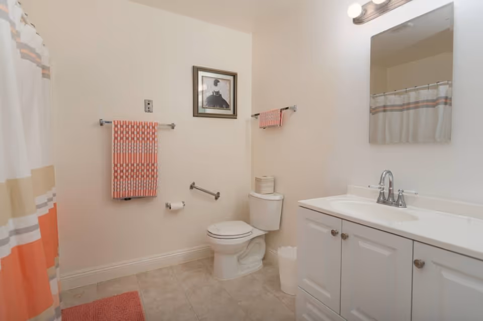 A clean bathroom with a white toilet, white vanity with sink and faucet, a mirror above the sink, a shower curtain with orange, beige, and gray stripes, two orange patterned towels hanging on towel racks, a framed picture on the wall, a pink bath mat on the tiled floor, and a white wastebasket.