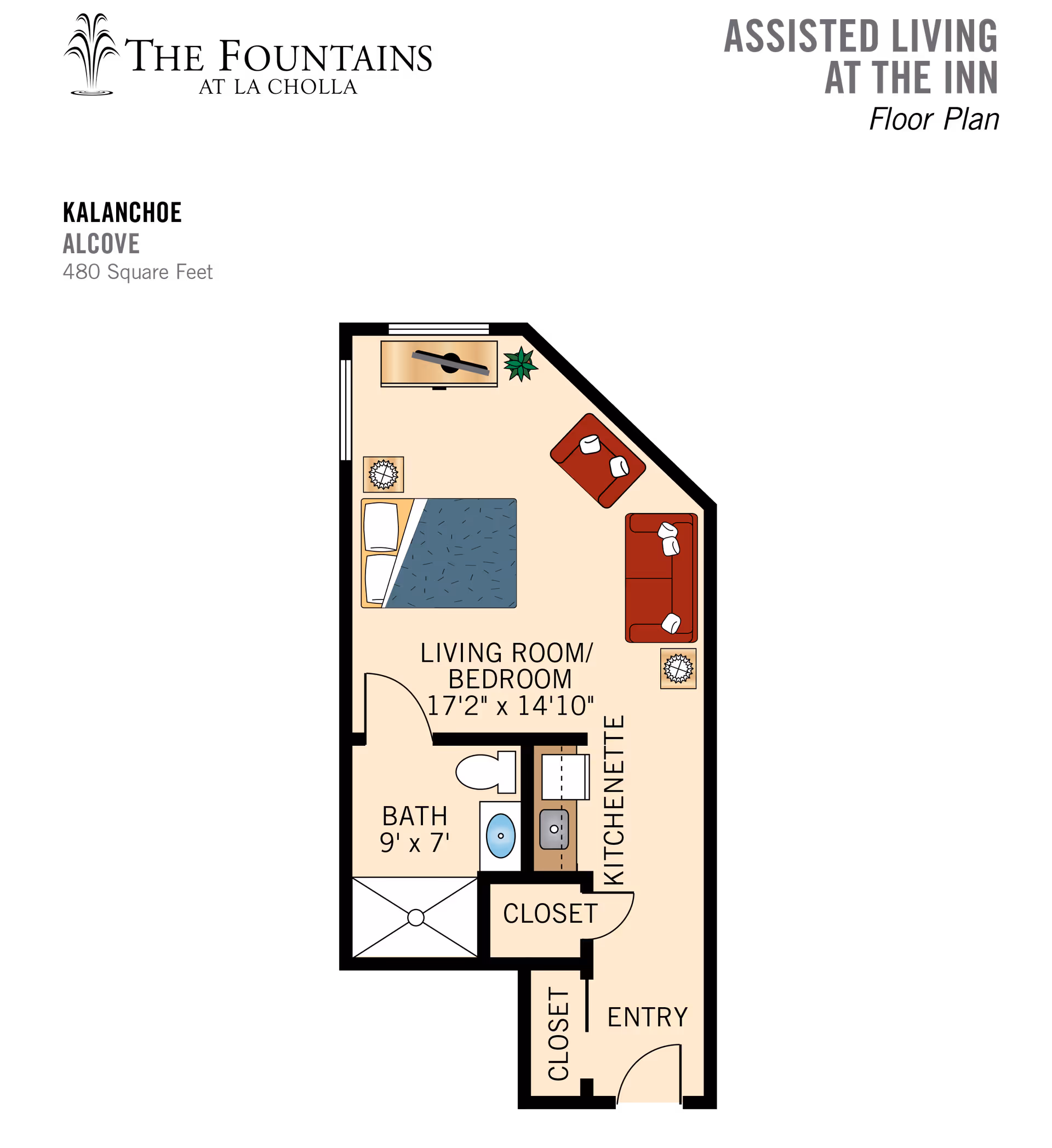 Top-down floor plan of a 480 sq ft alcove apartment showing a combined living room/bedroom, kitchenette, bathroom, closets, and entry.