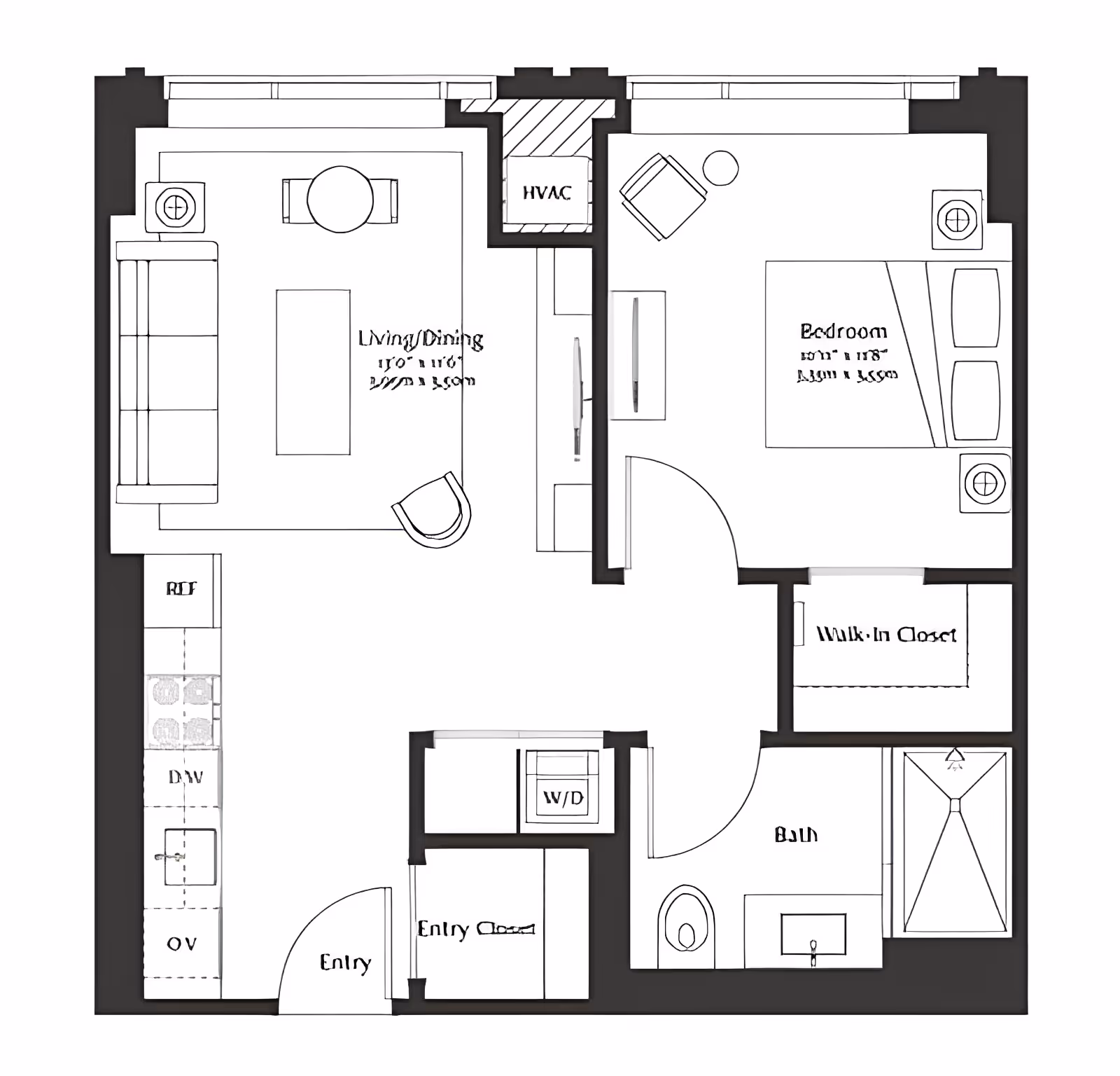 Architectural floor plan of a one-bedroom apartment at Coterie Cathedral Hill, showing an entry area with closet, kitchen with appliances, living/dining area with furniture, bedroom with bed and chair, walk-in closet, bathroom with sink, toilet, and shower, and a washer/dryer closet.