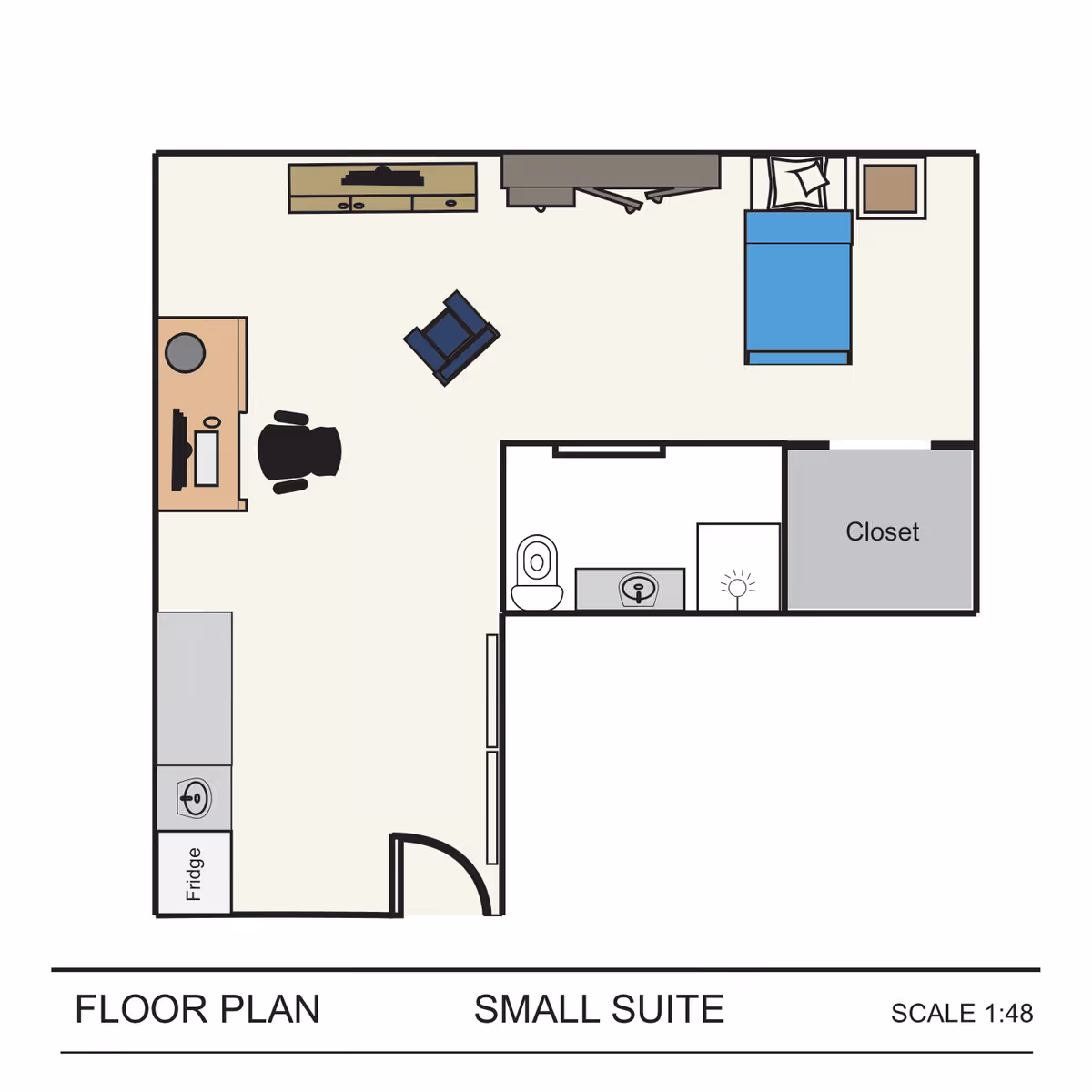 Floor plan of a small suite showing a layout with a bed, closet, bathroom with toilet and sink, a desk with chair, a small kitchen area with fridge and sink, and a seating area with a chair and TV stand.