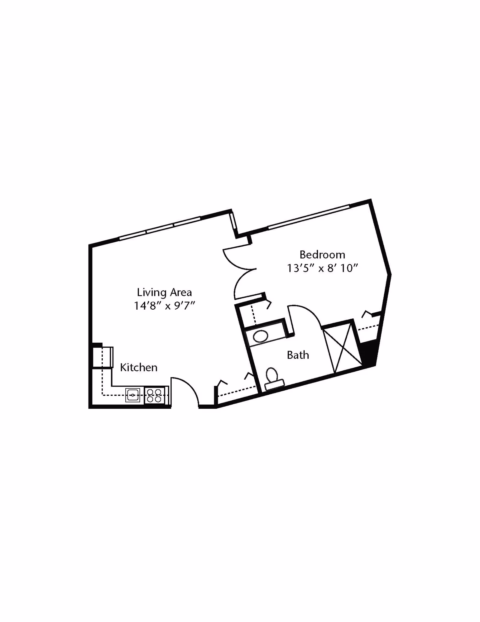 Floor plan of a living space showing a living area measuring 14 feet 8 inches by 9 feet 7 inches, a kitchen, a bedroom measuring 13 feet 5 inches by 8 feet 10 inches, and a bathroom.