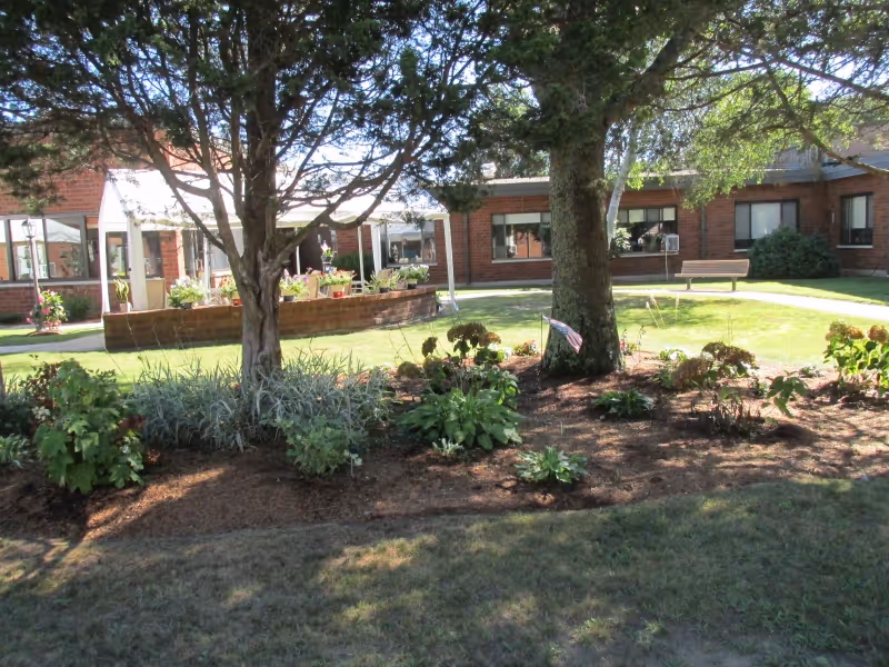 A garden area with various plants and flowers surrounding two large trees in the foreground. Behind the garden is a brick building with several windows and a bench on a grassy lawn. The scene is sunny with clear skies.