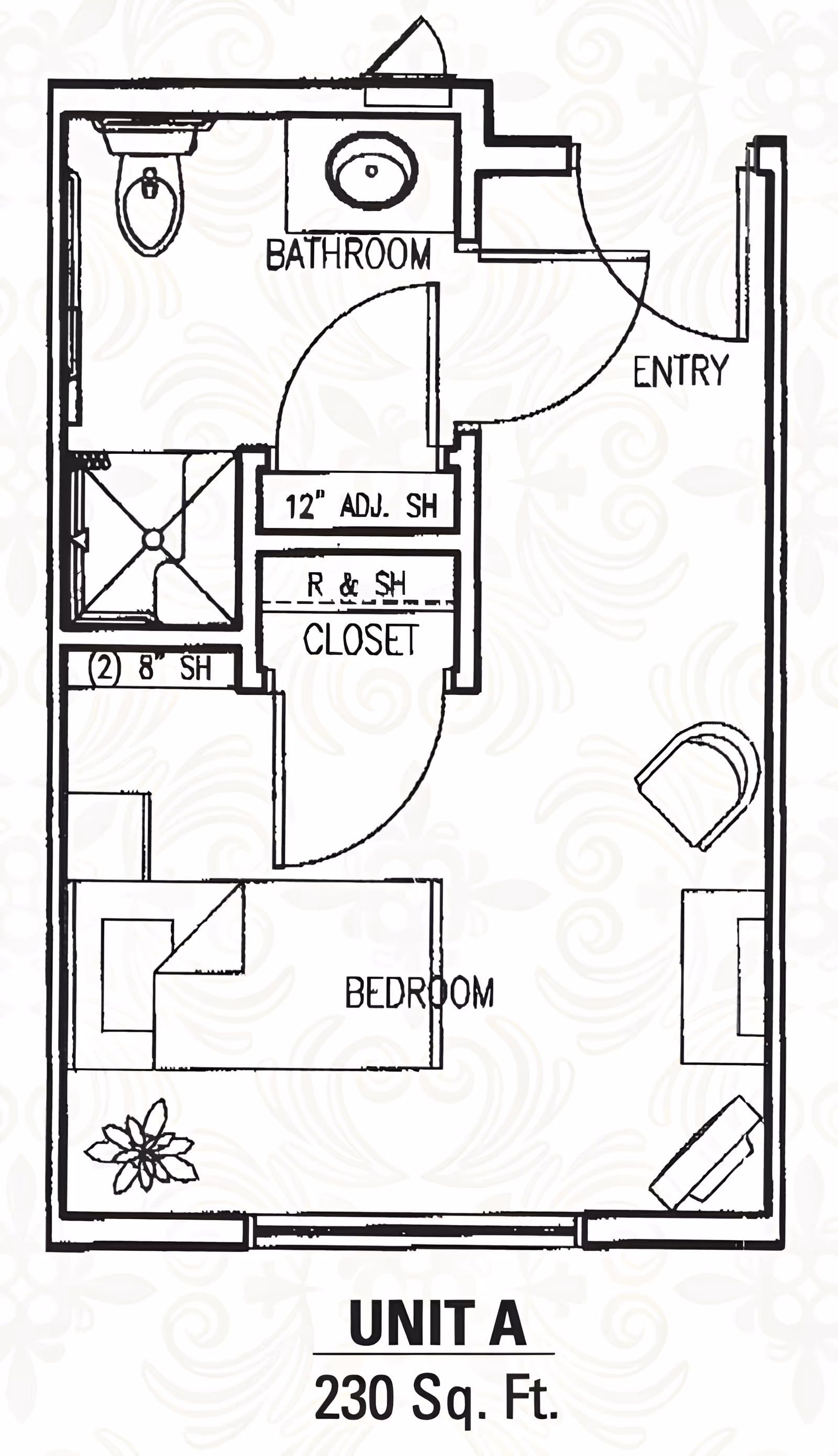 Floor plan of Unit A at Heritage Court, showing a 230 square feet layout with an entry, bathroom, closet, and bedroom. The bathroom includes a toilet, sink, and shower. The bedroom area has furniture placements indicated, including a bed and seating.
