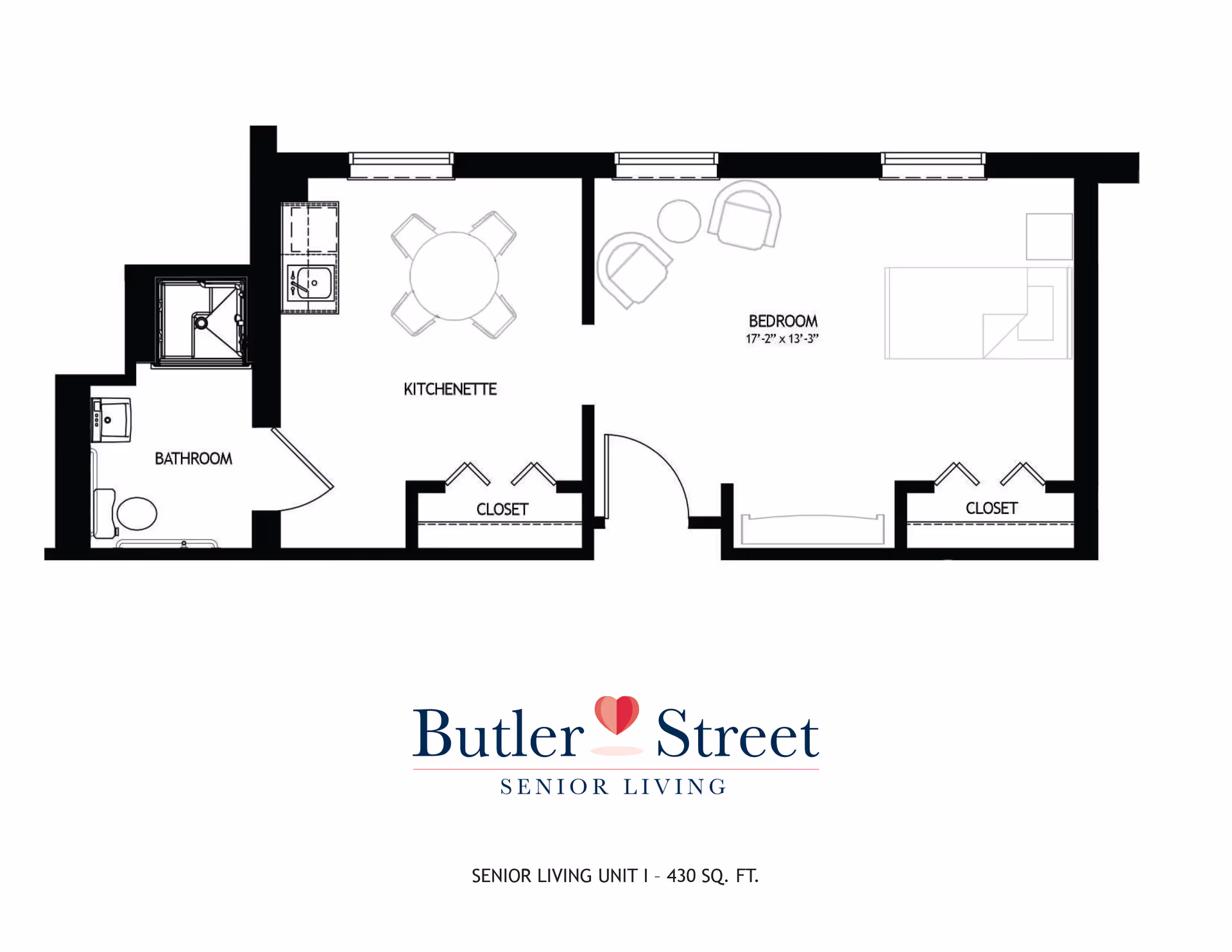 Floor plan of a senior living unit at Butler Street Senior Living showing a kitchenette with a round table and four chairs, a bathroom with a toilet and shower, a bedroom with a bed, two chairs, a small table, and two closets.