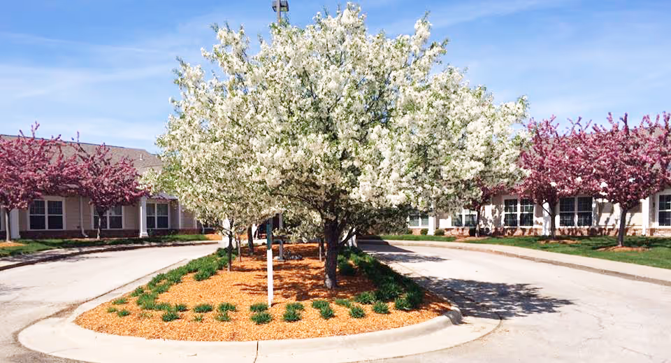 Circular driveway with a landscaped island of flowering trees in front of a single-story retirement community building.