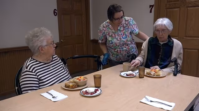 Two elderly women seated at a dining table with plates of food while a caregiver stands between them assisting.