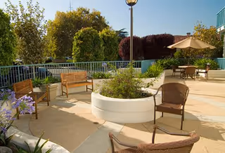 Outdoor patio area with several chairs and benches arranged around a circular planter filled with greenery. There is a large umbrella shading a table with chairs in the background, and trees and bushes surround the space under a clear blue sky.