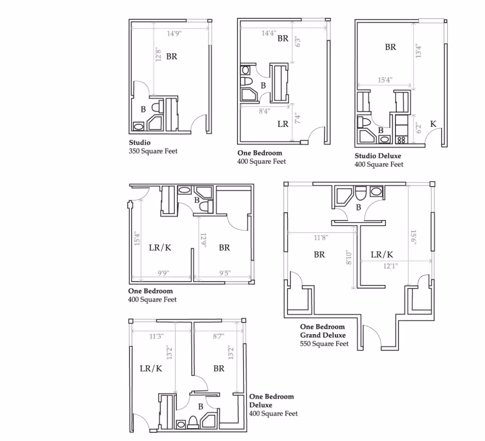 Architectural floor plans showing six different apartment layouts for Bethesda Gardens Arlington Assisted Living. The plans include Studio (350 sq ft), One Bedroom (400 sq ft), Studio Deluxe (400 sq ft), One Bedroom (400 sq ft), One Bedroom Grand Deluxe (550 sq ft), and One Bedroom Deluxe (400 sq ft). Each layout shows room dimensions and labels for bedroom (BR), bathroom (B), living room (LR), kitchen (K), and living room/kitchen combined (LR/K).