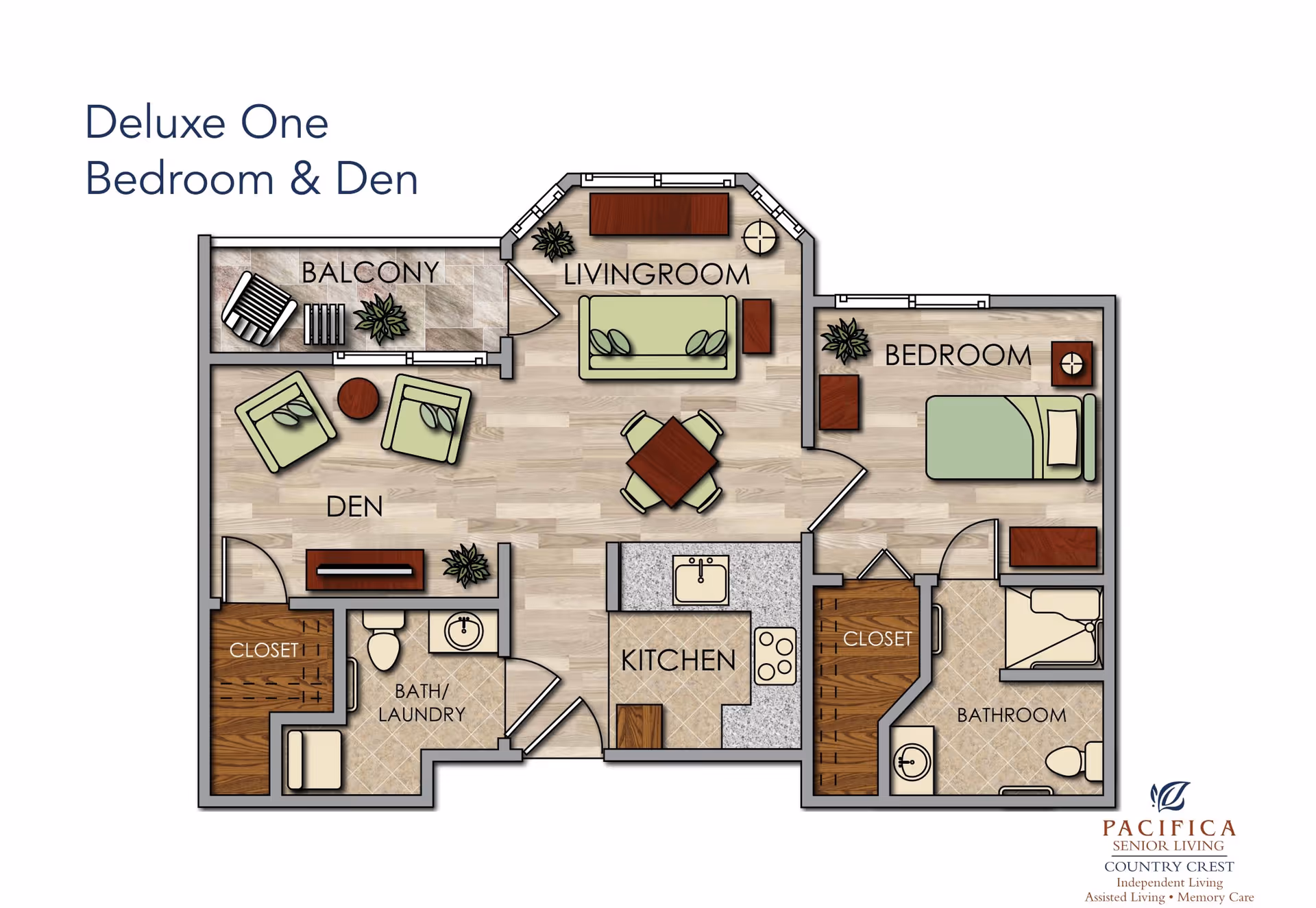 Floor plan of a deluxe one bedroom and den apartment at Country Crest Senior Living, showing a balcony, living room, den, kitchen, bedroom, bathroom, bath/laundry, and closets.