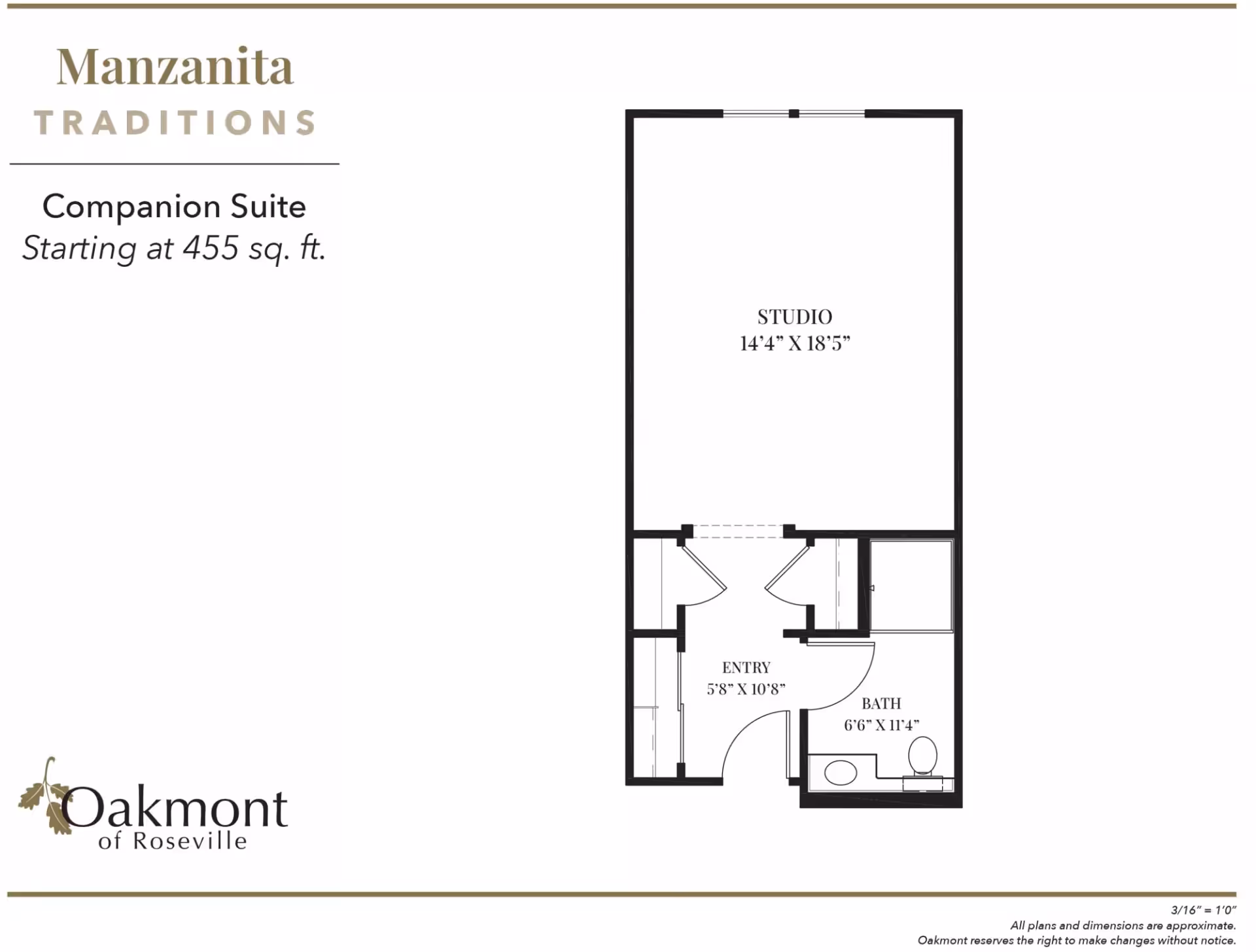 Floor plan for the Manzanita companion studio suite showing a studio, entry, and bath with dimensions and Oakmont of Roseville branding.