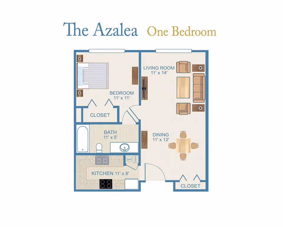 Floor plan of The Azalea one-bedroom apartment at Ardenwoods Retirement Community, showing a bedroom, living room, dining area, kitchen, bathroom, and closets with dimensions.