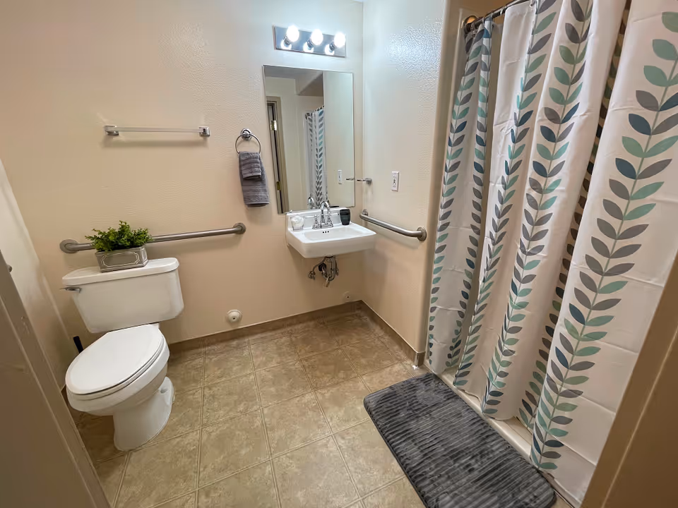 A clean and accessible bathroom with beige tiled floor and cream-colored walls. The room features a white toilet with a small green plant on the tank, a wall-mounted sink with a mirror above it, and a shower area with a curtain decorated with a leaf pattern in shades of green and gray. There are grab bars installed near the toilet and sink for support, a gray bath mat in front of the shower, and a towel hanging on a ring next to the sink. The lighting above the mirror consists of four bulbs.