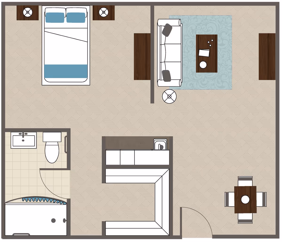 Top-down floor plan of a one-bedroom assisted living apartment showing a bedroom, bathroom, living area, kitchenette and dining nook.