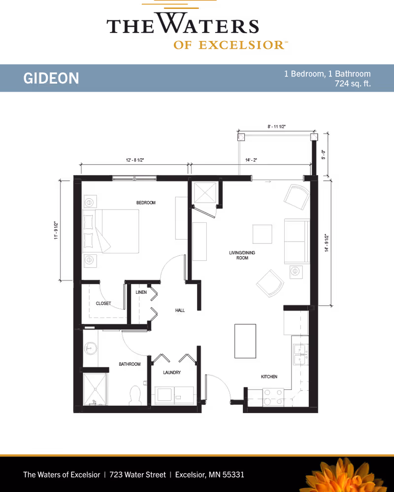 Floor plan labeled "GIDEON" for a 1-bedroom, 1-bath (724 sq. ft.) unit at The Waters of Excelsior showing room layout and dimensions.