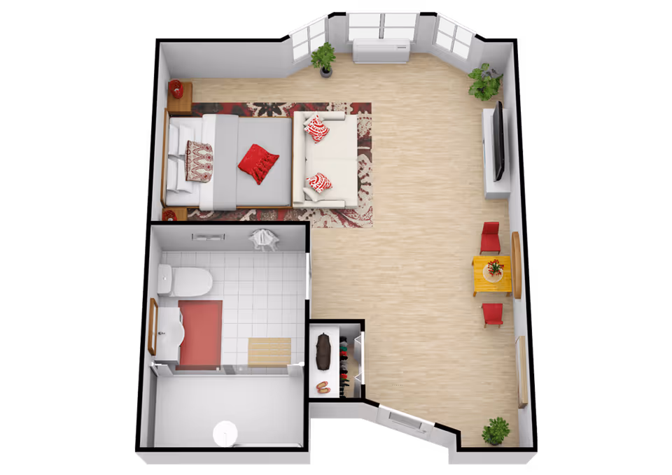 3D floor plan of a senior living facility unit featuring a bedroom with a bed, sofa, and rug; a bathroom with a toilet, sink, and shower; a small dining area with a table and two chairs; a TV mounted on the wall; and several plants placed near windows.
