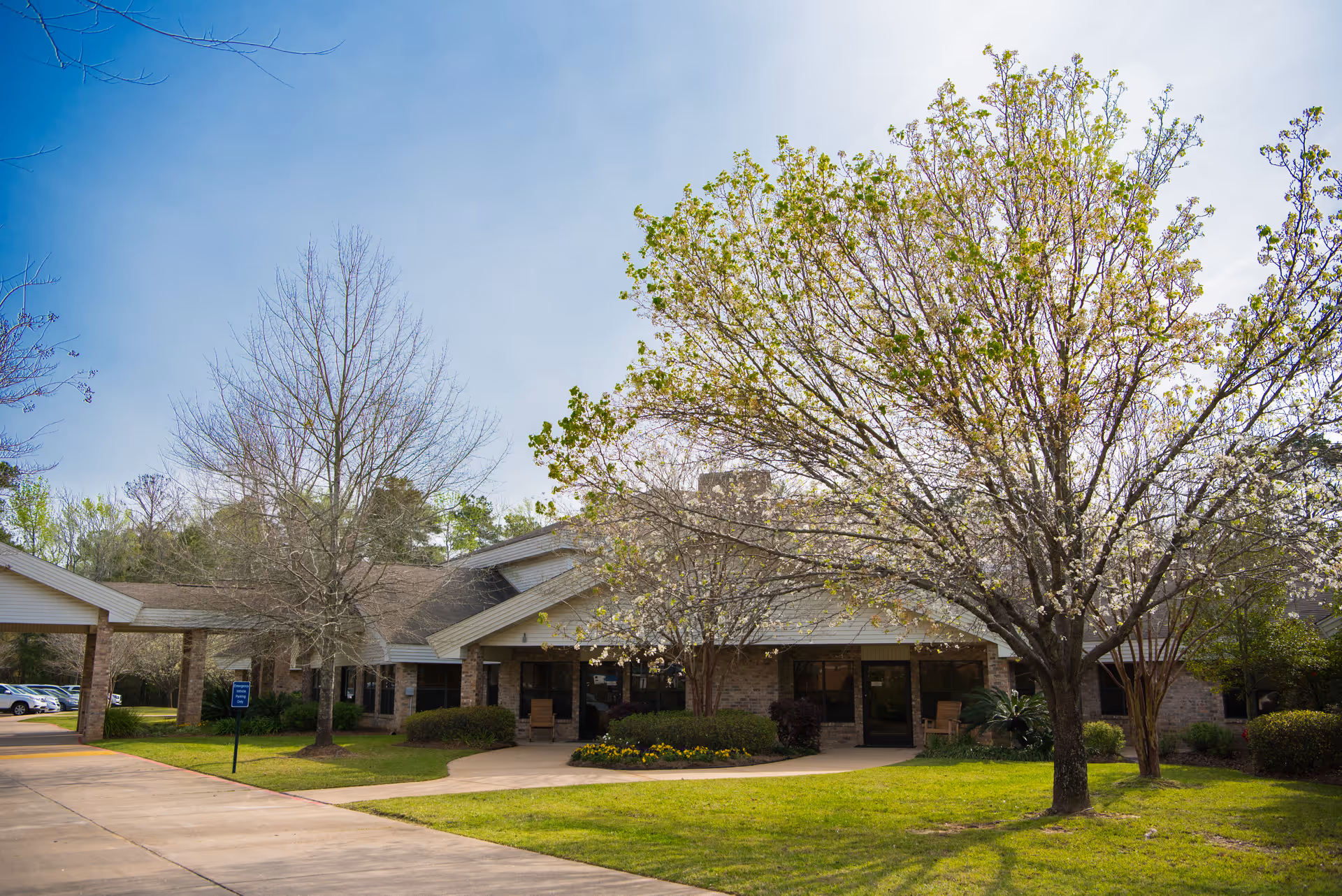 Exterior view of a single-story brick building with a covered entrance, surrounded by green grass, trees with some leaves and flowers, and a clear blue sky.
