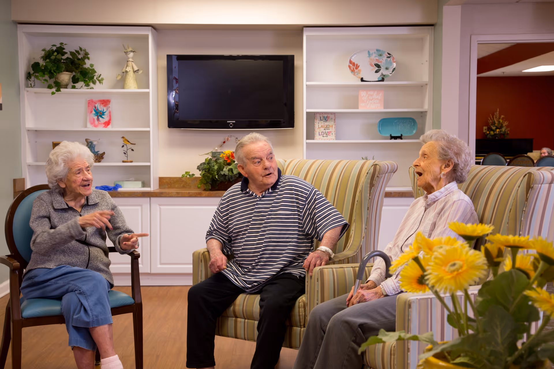 Three elderly people sitting and engaging in conversation in a cozy living room area with striped armchairs, a flat-screen TV mounted on the wall, and shelves with decorative items and plants.