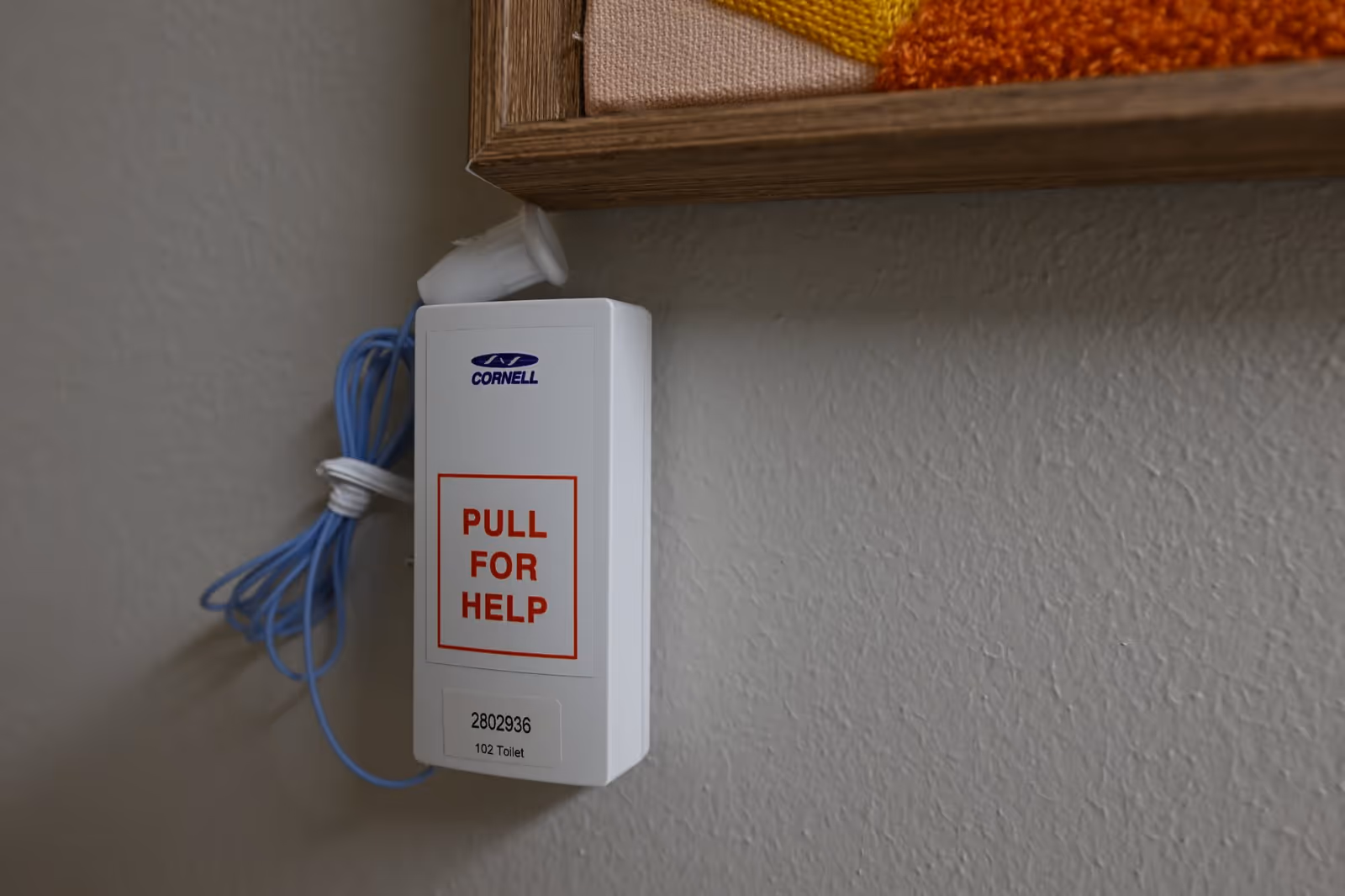 A white emergency pull cord box mounted on a textured wall with the label 'PULL FOR HELP' in red letters, a coiled blue cord attached, and a wooden frame partially visible above it.