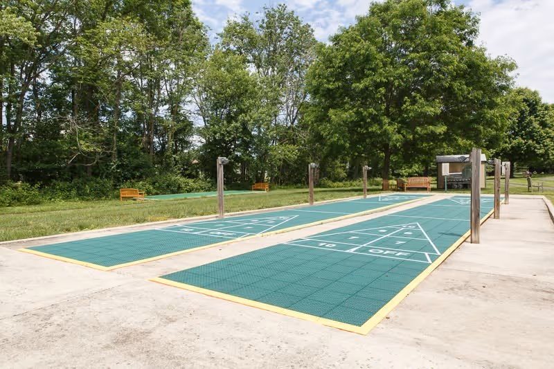 Outdoor shuffleboard courts with green playing surfaces and white markings, surrounded by trees and benches under a partly cloudy sky.