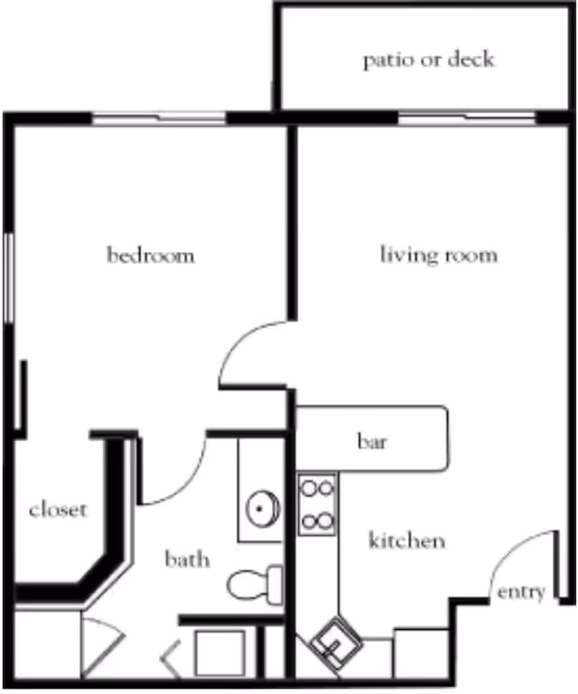 Black and white floor plan of a one-bedroom apartment showing a bedroom with a closet, a bathroom, a kitchen with a bar, a living room, an entryway, and a patio or deck.