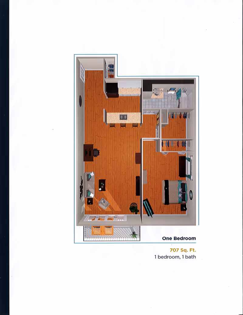 3D floor plan of a one-bedroom, one-bath apartment with 707 square feet. The layout includes a bedroom with a bed and nightstands, a bathroom with a bathtub, a kitchen with an island and three stools, a living area with a sofa, chair, and TV, and a small balcony with two chairs and a table.