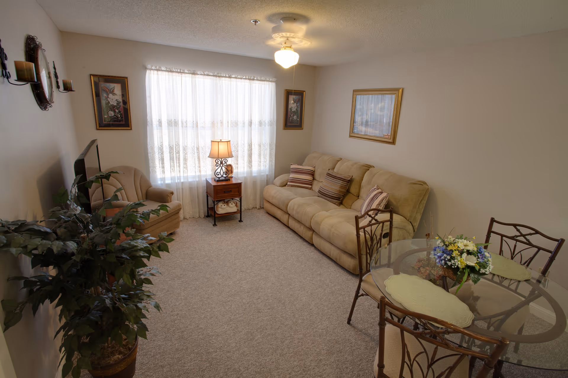 A cozy living room in a senior living community featuring a beige sofa with striped cushions, a matching armchair, a glass-top dining table with four chairs, a small wooden side table with a lamp, framed artwork on the walls, a large window with sheer curtains, and a potted plant in the corner.