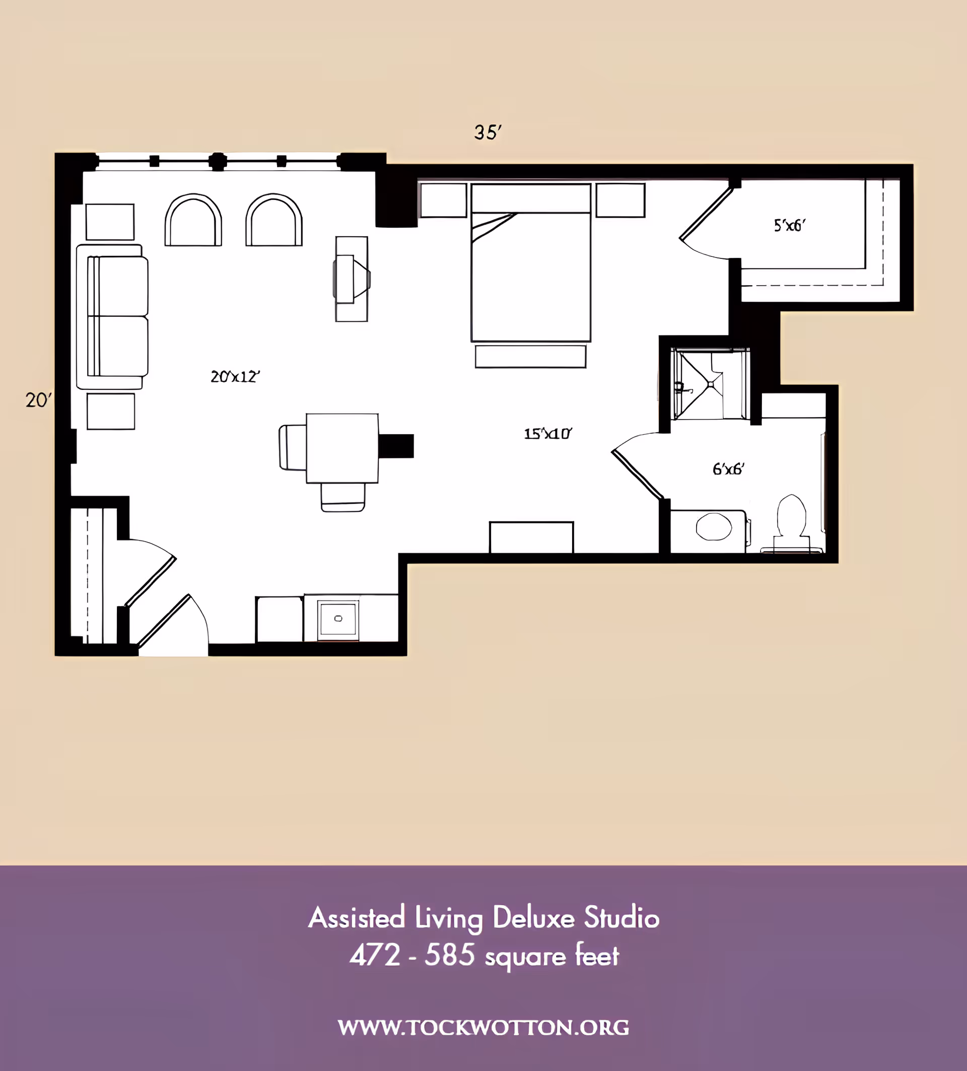 Floor plan of an assisted living deluxe studio apartment showing a combined living and dining area with sofa, chairs, and table, a sleeping area with a bed, a bathroom with a shower, toilet, and sink, and a closet. Dimensions and layout details are included.