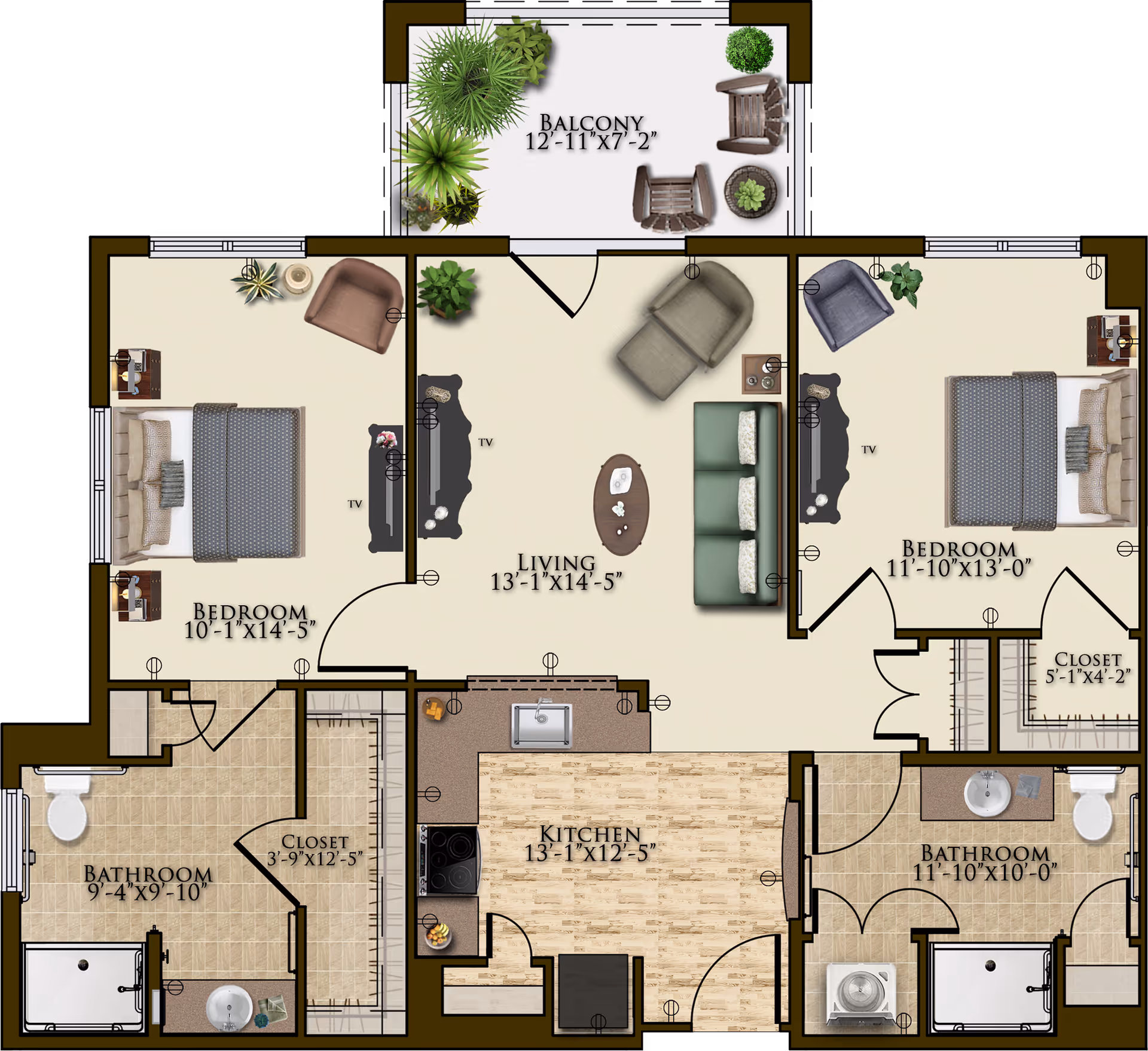 Floor plan of a two-bedroom apartment with a living room, kitchen, two bathrooms, closets, and a balcony. The living room has a sofa, armchair, coffee table, and TV. Each bedroom contains a bed, nightstands, armchair, and TV. The kitchen includes a stove, sink, and counter space. Both bathrooms have a shower, toilet, and sink. The balcony has outdoor chairs and plants.
