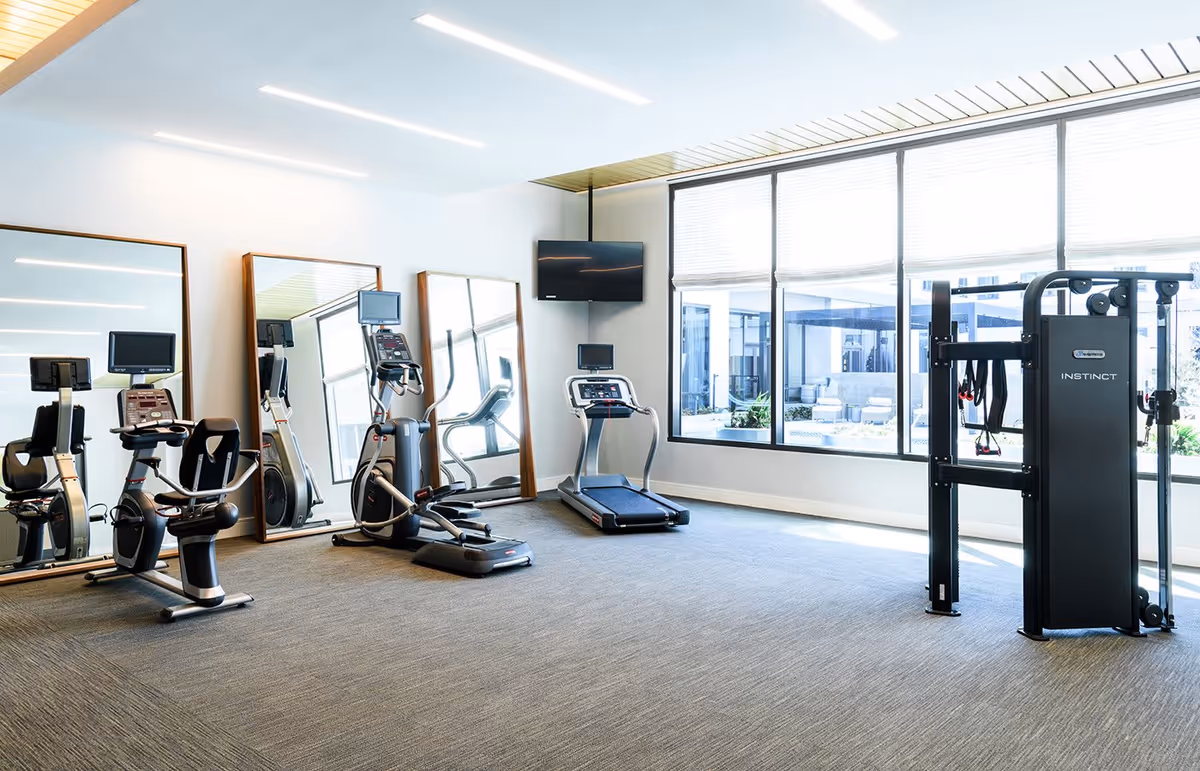 Bright fitness room with treadmills, ellipticals, a recumbent bike and a weight station beside large windows and mirrors.