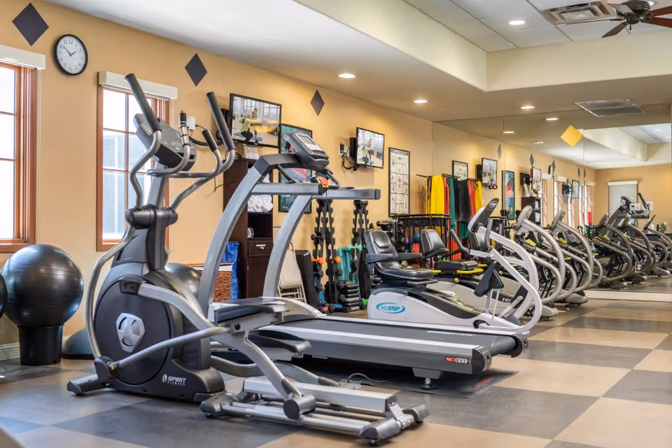 Indoor fitness room with treadmills, ellipticals, exercise balls, free weights and a mirrored wall.