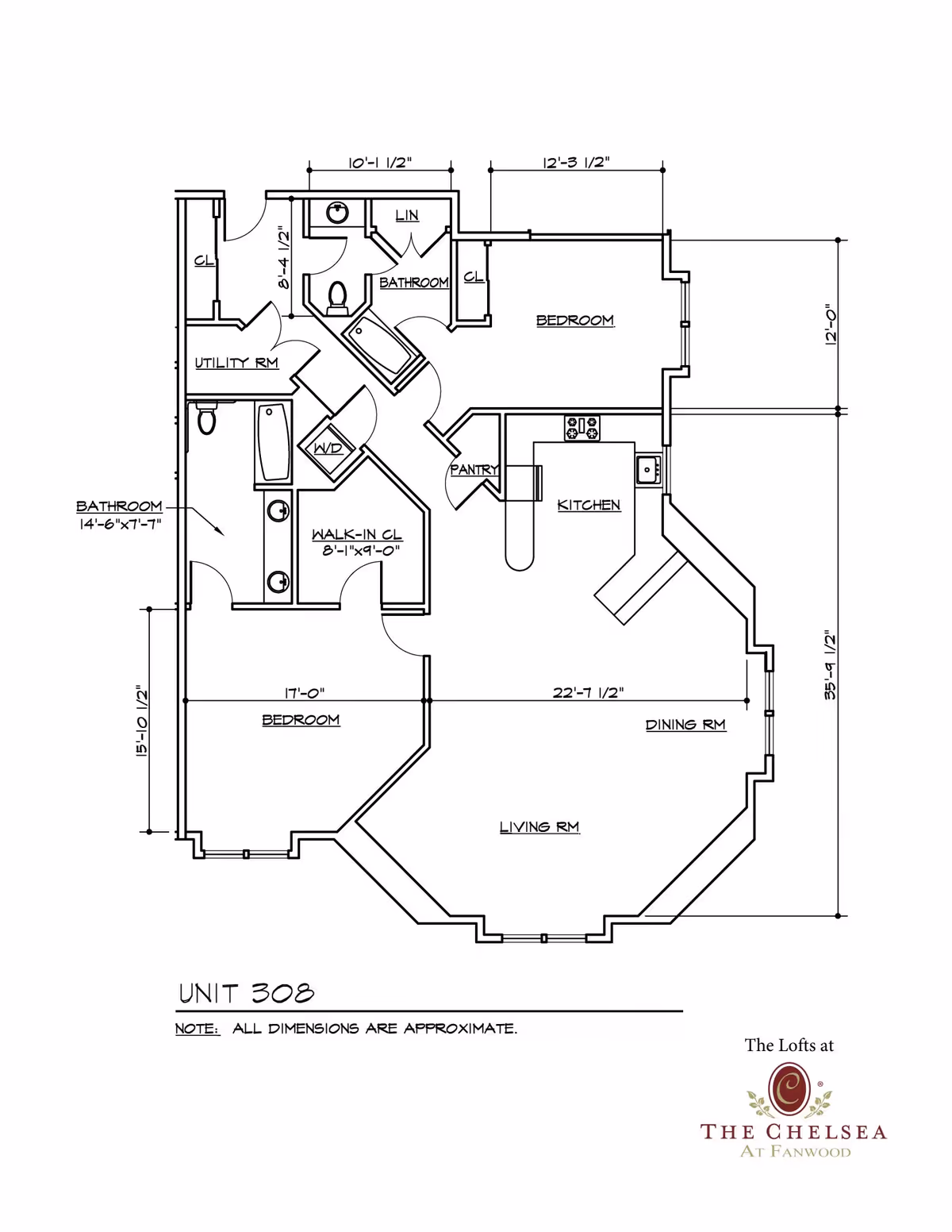 Architectural floor plan of Unit 308 at The Lofts at The Chelsea at Fanwood, showing layout with two bedrooms, two bathrooms, kitchen, dining room, living room, utility room, pantry, walk-in closet, and linen closet with approximate dimensions.