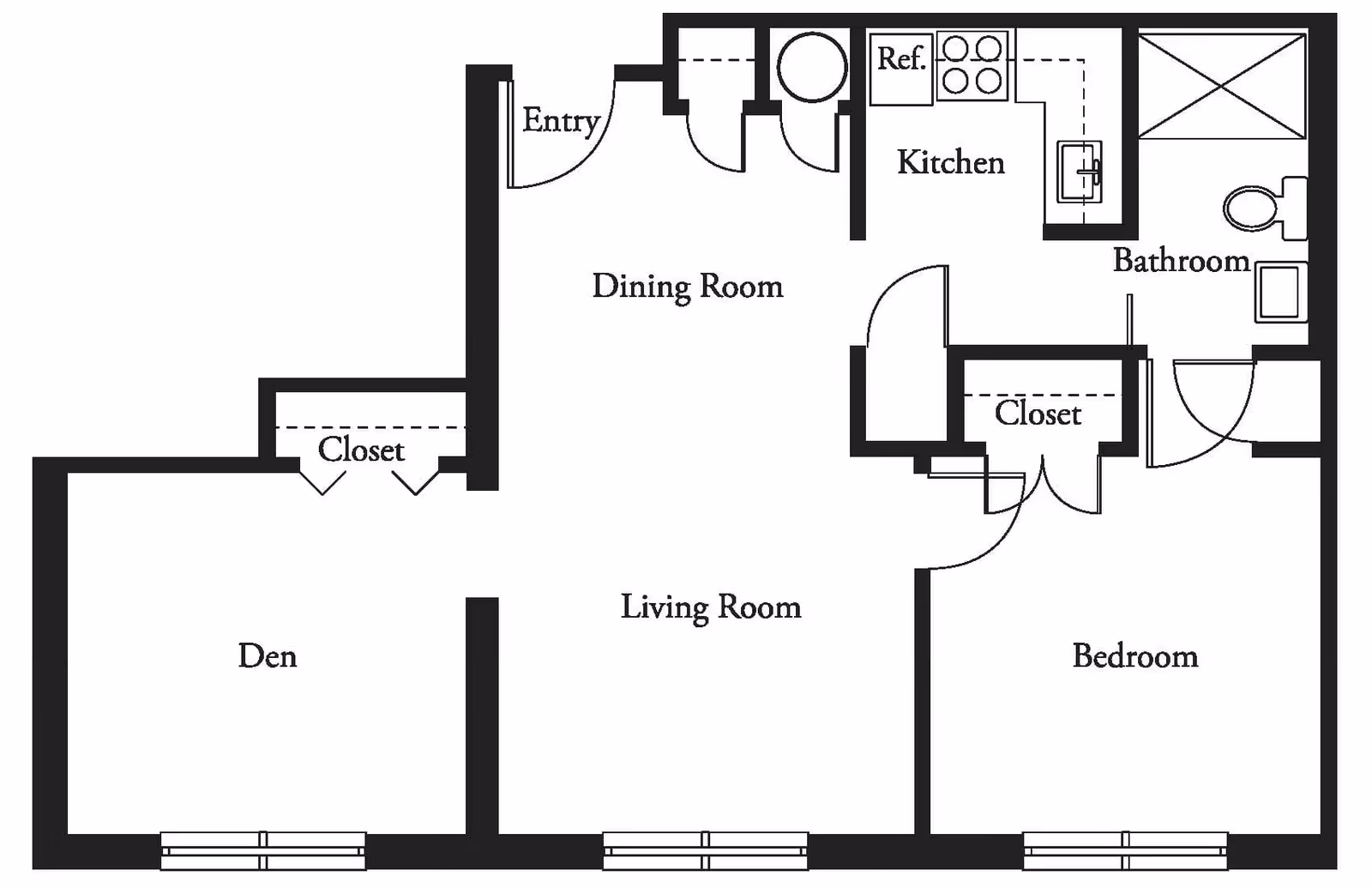 Black and white floor plan of a living space at Atrium Village showing an entry, dining room, kitchen with refrigerator and stove, bathroom with shower and toilet, bedroom with closet, living room, and a den with a closet.