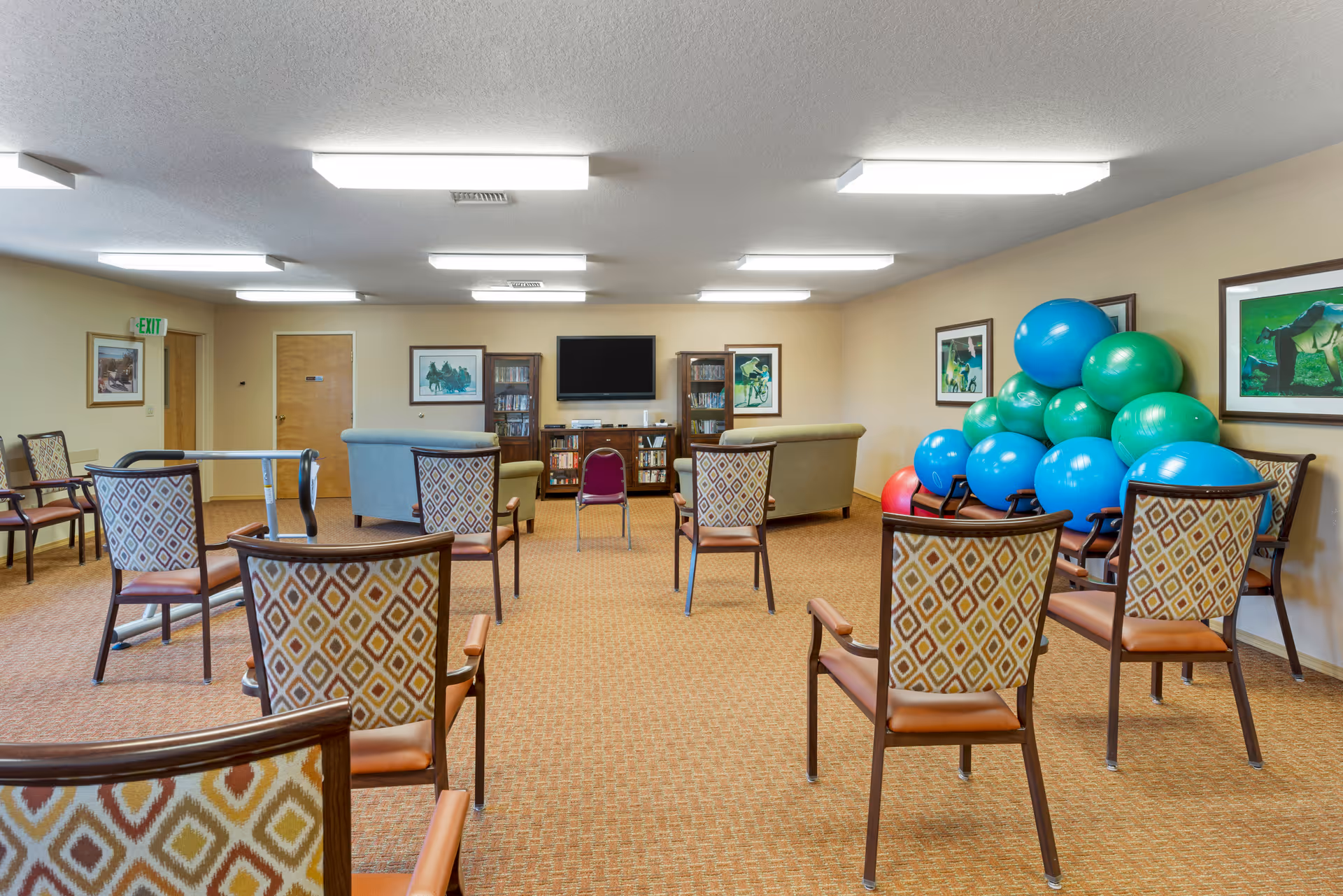 A spacious common room with patterned chairs arranged in rows facing a TV mounted on the wall. Two sofas are positioned in front of the TV, and a collection of large colorful exercise balls is stacked in the corner. The room has beige walls, carpeted floor, fluorescent ceiling lights, framed artwork on the walls, and a door with an exit sign above it.