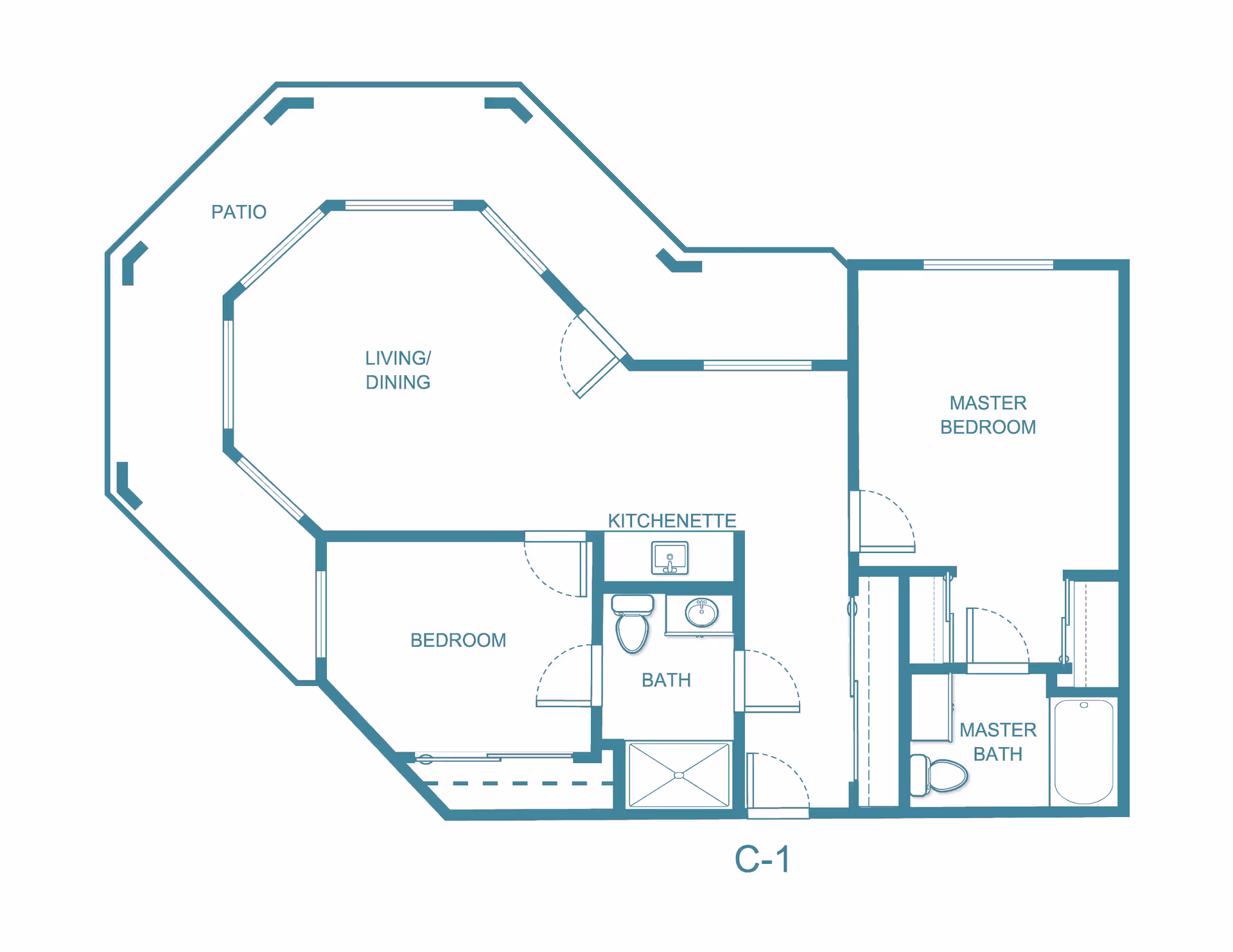 Floor plan layout of an apartment unit labeled C-1 at Asher Point Independent Living of Waco, showing a patio, living/dining area, bedroom, kitchenette, bath, master bedroom, and master bath.