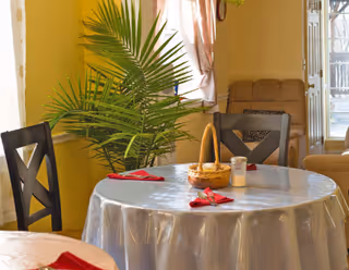 A cozy dining area with a round table covered with a clear plastic tablecloth, set with red napkins and a small basket centerpiece. There are black wooden chairs around the table, a green potted plant near a window with curtains, and a beige sofa in the background.