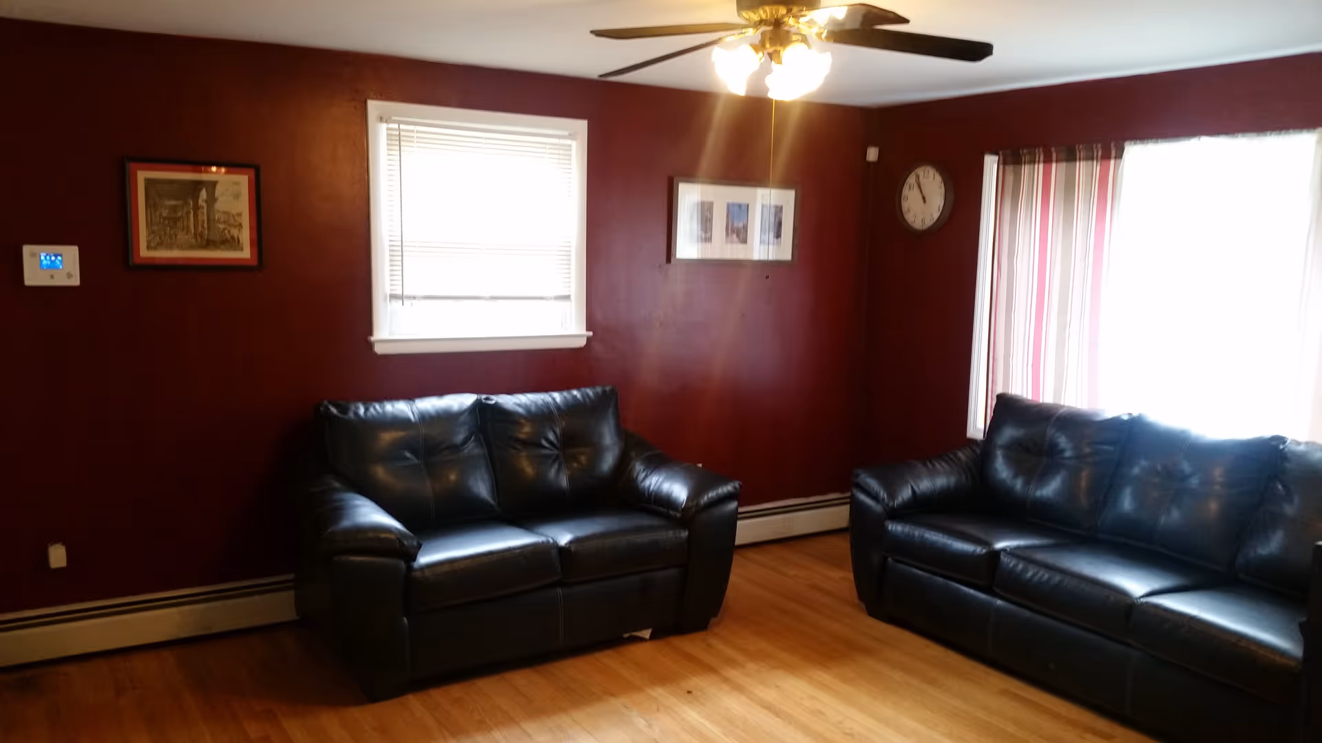 A living room with dark red walls, two black leather sofas, a wooden floor, a ceiling fan with lights, a window with blinds, a window with striped curtains, a wall clock, and framed pictures on the walls.