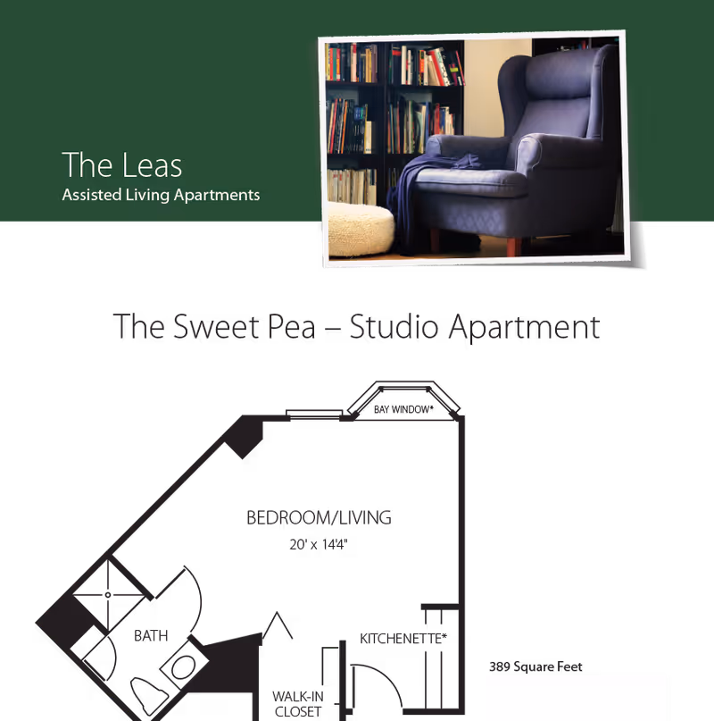 Floor plan of The Sweet Pea studio apartment at The Leas Assisted Living Apartments, showing a combined bedroom/living area, kitchenette, walk-in closet, and bathroom. There is also a photo of a cozy armchair with a bookshelf in the background.