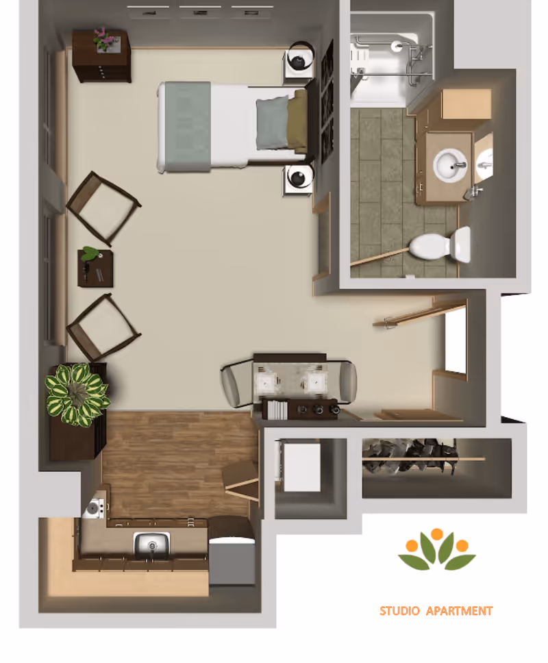 Top-down floor plan of a studio apartment showing a combined living and sleeping area with a bed, two chairs, a small table, a dresser, and a plant. The kitchen area includes a sink, stove, and refrigerator. There is a bathroom with a shower, toilet, and sink. A small dining area with two chairs and a table is also visible. A closet space is located near the entrance.